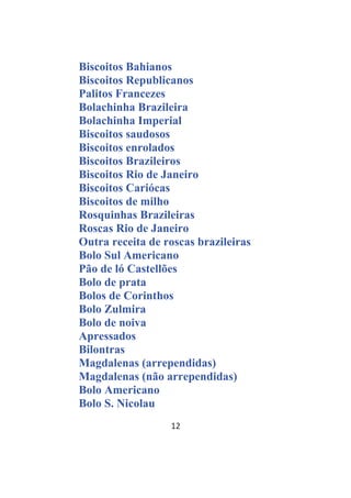 12
Biscoitos Bahianos
Biscoitos Republicanos
Palitos Francezes
Bolachinha Brazileira
Bolachinha Imperial
Biscoitos saudosos
Biscoitos enrolados
Biscoitos Brazileiros
Biscoitos Rio de Janeiro
Biscoitos Cariócas
Biscoitos de milho
Rosquinhas Brazileiras
Roscas Rio de Janeiro
Outra receita de roscas brazileiras
Bolo Sul Americano
Pão de ló Castellões
Bolo de prata
Bolos de Corinthos
Bolo Zulmira
Bolo de noiva
Apressados
Bilontras
Magdalenas (arrependidas)
Magdalenas (não arrependidas)
Bolo Americano
Bolo S. Nicolau
 