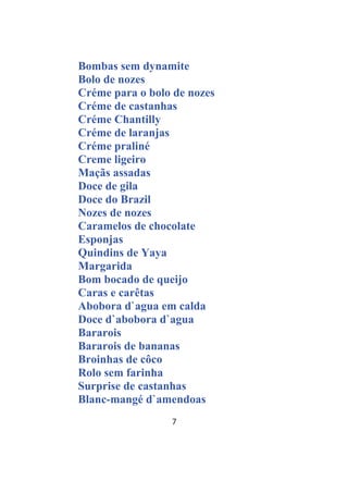 7
Bombas sem dynamite
Bolo de nozes
Créme para o bolo de nozes
Créme de castanhas
Créme Chantilly
Créme de laranjas
Créme praliné
Creme ligeiro
Maçãs assadas
Doce de gila
Doce do Brazil
Nozes de nozes
Caramelos de chocolate
Esponjas
Quindins de Yaya
Margarida
Bom bocado de queijo
Caras e carêtas
Abobora d`agua em calda
Doce d`abobora d`agua
Bararois
Bararois de bananas
Broinhas de côco
Rolo sem farinha
Surprise de castanhas
Blanc-mangé d`amendoas
 