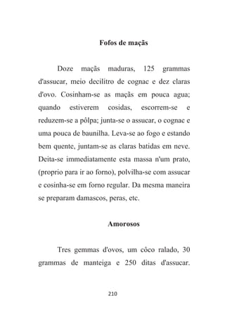 210
Fofos de maçãs
Doze maçãs maduras, 125 grammas
d'assucar, meio decilitro de cognac e dez claras
d'ovo. Cosinham-se as maçãs em pouca agua;
quando estiverem cosidas, escorrem-se e
reduzem-se a pôlpa; junta-se o assucar, o cognac e
uma pouca de baunilha. Leva-se ao fogo e estando
bem quente, juntam-se as claras batidas em neve.
Deita-se immediatamente esta massa n'um prato,
(proprio para ir ao forno), polvilha-se com assucar
e cosinha-se em forno regular. Da mesma maneira
se preparam damascos, peras, etc.
Amorosos
Tres gemmas d'ovos, um côco ralado, 30
grammas de manteiga e 250 ditas d'assucar.
 