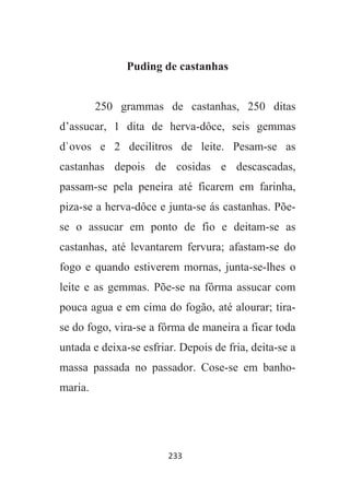 233
Puding de castanhas
250 grammas de castanhas, 250 ditas
d’assucar, 1 dita de herva-dôce, seis gemmas
d`ovos e 2 decilitros de leite. Pesam-se as
castanhas depois de cosidas e descascadas,
passam-se pela peneira até ficarem em farinha,
piza-se a herva-dôce e junta-se ás castanhas. Põe-
se o assucar em ponto de fio e deitam-se as
castanhas, até levantarem fervura; afastam-se do
fogo e quando estiverem mornas, junta-se-lhes o
leite e as gemmas. Põe-se na fôrma assucar com
pouca agua e em cima do fogão, até alourar; tira-
se do fogo, vira-se a fôrma de maneira a ficar toda
untada e deixa-se esfriar. Depois de fria, deita-se a
massa passada no passador. Cose-se em banho-
maria.
 