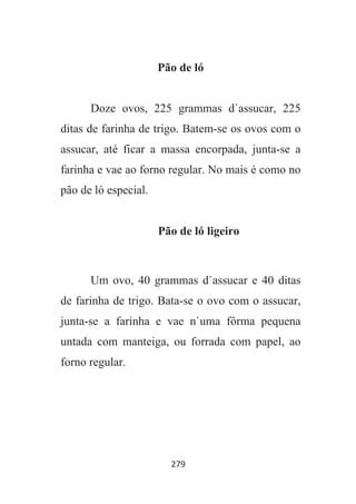 279
Pão de ló
Doze ovos, 225 grammas d`assucar, 225
ditas de farinha de trigo. Batem-se os ovos com o
assucar, até ficar a massa encorpada, junta-se a
farinha e vae ao forno regular. No mais é como no
pão de ló especial.
Pão de ló ligeiro
Um ovo, 40 grammas d`assucar e 40 ditas
de farinha de trigo. Bata-se o ovo com o assucar,
junta-se a farinha e vae n`uma fôrma pequena
untada com manteiga, ou forrada com papel, ao
forno regular.
 