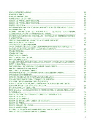 MACARRÃO MATA-FOME..............................................................................................                  06
MAIONESE DOCE........................................................... ..................................................       58
MANJAR DOS DEUSES.....................................................................................................            06
MARGARIDA DE BATATA..............................................................................................                 62
MASSA DE PASTEL PROFISSIONAL.............................................................................                         07
MASSA DE PASTEL PROFISSIONAL.............................................................................                         55
MASSA ELÁSTICA ........................................................... ...............................................        03
MOLHO DE CHOCOLATE P/ ACOMPANHAR O DOCE DE PERAS AO VINHO......                                                                   55
MOLHOS BÁSICOS........................................................... ................................................        43
MUNDO ENCANTADO DO CHOCOLATE – (CASINHA ENCANTADA,
CARRINHOS SAPECAS E CAPELINHA DO AMOR).....................................................                                       17
MUNDO ENCANTADO DO CHOCOLATE – (ESTAÇÃO DO TREM ENCANTADO
E AEROPORTO) ........................................................... .....................................................    22
NHOQUE DA FORTUNA “GNOCCHI AL FUNGHI FRESCHI”....................................                                                 42
NHOQUE RÁPIDO DE FORNO.........................................................................................                   34
OVO DE PÁSCOA ENTALHADO ....................................................................................                      63
OVOS ARTÍSTICOS:VARIAÇÕES-(RENDADOS COM FIOS DE CHOCOLATE,
MESCLADO, DECORADO COM MASSA DE MARZIPAN)..........................................                                               28
PÃO DE MINUTO........................................................... ...................................................      14
PÃO DE QUEIJO........................................................... .....................................................    50
PÃOZINHO DA VOVÓ.......................................................................................................           15
PASTEL DE SANTA CLARA.............................................................................................                55
PAVÊ DE MARACUJÁ.......................................................................................................           41
PICOLÉ BLUE ICE, SORVETE CREMOSO, FAROFA E CALDA DE CARAMELO...                                                                   60
PIZZA ENROLADA............................................................................................................        07
PRETO FEITO – “PF”(ARROZ,FEIJÃO,BIFE E OVO FRITO)........................................                                         19
RISOLES AOS QUATRO QUEIJOS..................................................................................                      04
RISOTTO AL CANTO DEL MARE...................................................................................                      53
SALGADINHOS DE LEITE CONDENSADO E GROSELHA CASEIRA.......................                                                         64
SANDUICHE CONFEITADO.............................................................................................                 48
SONHOS AO CREME DE BANANAS CARAMELADAS...............................................                                             08
SOPA DE MANDIOQUINHA COM OVAS DE SALMÃO .............................................                                             53
SORVETE CREMOSO (PROCESSO À QUENTE) ..........................................................                                    09
SUCO ACORDA MENINA, SUCO MEGA POWER, SUCO LIBERAR GERAL,
SUCO DA JUVENTUDE E SUCO DA FAXINA...............................................................                                 59
TAÇA DE BANANA VIBRANTE......................................................................................                     58
TOM KHA GAI – (CANJA DE COCO E CREME DE MILHO VERDE, MARACUJÁ
E CAMARÃO) ........................................................... ........................................................   39
TORTA DE CHOCOLATE BRANCO E PRETO COM MARACUJÁ..............................                                                      16
TORTA DE MANGA...........................................................................................................         51
TORTA DE MARACUJÁ....................................................................................................             61
TORTA DE RICOTA COM GELEIA DE DAMASCO......................................................                                       38
TORTA DO AMOR.............................................................................................................        57
TORTA GELADA DE LIMÃO...........................................................................................                  37
TORTA MORENINHA........................................................... ............................................           35
VATAPÁ, ACARAJÉ E MOLHO DE PIMENTA PARA ACARAJÉ...............................                                                    30
VIRADO DE FEIJÃO COM COUVE E ARROZ...............................................................                                 29


                                                                                                                                  2
 
