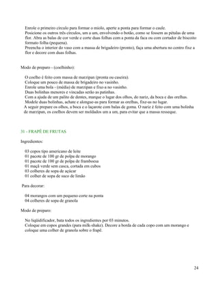 Enrole o primeiro círculo para formar o miolo, aperte a ponta para formar o caule.
  Posicione os outros três círculos, um a um, envolvendo o botão, como se fossem as pétalas de uma
  flor. Abra as balas de cor verde e corte duas folhas com a ponta da faca ou com cortador de biscoito
  formato folha (pequena).
  Preencha o interior do vaso com a massa de brigadeiro (pronto), faça uma abertura no centro fixe a
  flor e decore com duas folhas.


Modo de preparo - (coelhinho):

  O coelho é feito com massa de marzipan (pronta ou caseira).
  Coloque um pouco de massa de brigadeiro no vasinho.
  Enrole uma bola - (média) de marzipan e fixe-a no vasinho.
  Duas bolinhas menores e vincadas serão as patinhas.
  Com a ajuda de um palito de dentes, marque o lugar dos olhos, do nariz, da boca e das orelhas.
  Modele duas bolinhas, achate e alongue-as para formar as orelhas, fixe-as no lugar.
 A seguir prepare os olhos, a boca e o laçarote com balas de goma. O nariz é feito com uma bolinha
 de marzipan, os coelhos devem ser moldados um a um, para evitar que a massa resseque.



31 - FRAPÊ DE FRUTAS

Ingredientes:

  03 copos tipo americano de leite
  01 pacote de 100 gr de polpa de morango
  01 pacote de 100 gr de polpa de framboesa
  01 maçã verde sem casca, cortada em cubos
  03 colheres de sopa de açúcar
  01 colher de sopa de suco de limão

Para decorar:

  04 morangos com um pequeno corte na ponta
  04 colheres de sopa de granola

Modo de preparo:

  No liqüidificador, bata todos os ingredientes por 03 minutos.
  Coloque em copos grandes (para milk-shake). Decore a borda de cada copo com um morango e
  coloque uma colher de granola sobre o frapê.




                                                                                                     24
 