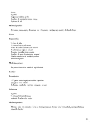 1 ovo
  1 gema
  raspas de limão a gosto
  1 colher de chá de fermento em pó
  1 pitada de sal

Modo de preparo

  Prepare a massa, deixe descansar por 10 minutos e aplique em torteira de fundo falso.

Creme

Ingredientes:

  ½ litro de leite
  ½ lata de leite condensado
  1 lata de creme de leite com o soro
  4 colheres de sopa de açúcar
  5 gemas passadas pela peneira
  1 colher de sopa de manteiga sem sal
  3 colheres cheias de amido de milho
  baunilha a gosto

Modo de preparo:

  Faça um creme com todos os ingredientes.

Recheio

Ingredientes:

  200 gr de ameixas pretas cozidas e picadas
  200 gr de coco ralado
  1 abacaxi picadinho e cozido em água e açúcar

Cobertura:

  1 gema
  ½ lata de leite condensado
  essência de abacaxi a gosto

Modo de preparo:

  Monte a torta em camadas e leve ao forno para assar. Sirva a torta bem gelada, acompanhada de
  chantilly batido.




                                                                                                  36
 