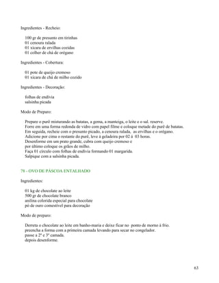 Ingredientes - Recheio:

  100 gr de presunto em tirinhas
  01 cenoura ralada
  01 xícara de ervilhas cozidas
  01 colher de chá de orégano

Ingredientes - Cobertura:

  01 pote de queijo cremoso
  01 xícara de chá de milho cozido

Ingredientes - Decoração:

  folhas de endívia
  salsinha picada

Modo de Preparo:

  Prepare o purê misturando as batatas, a gema, a manteiga, o leite e o sal. reserve.
  Forre em uma forma redonda de vidro com papel filme e coloque metade do purê de batatas.
  Em seguida, recheie com o presunto picado, a cenoura ralada, as ervilhas e o orégano.
  Adicione por cima o restante do purê, leve á geladeira por 02 á 03 horas.
  Desenforme em um prato grande, cubra com queijo cremoso e
  por último coloque os grãos de milho.
  Faça 01 círculo com folhas de endívia formando 01 margarida.
  Salpique com a salsinha picada.


78 - OVO DE PÁSCOA ENTALHADO

Ingredientes:

  01 kg de chocolate ao leite
  500 gr de chocolate branco
  anilina colorida especial para chocolate
  pó de ouro comestível para decoração

Modo de preparo:

  Derreta o chocolate ao leite em banho-maria e deixe ficar no ponto de morno á frio.
  preencha a forma com a primeira camada levando para secar no congelador.
  passe a 2º e 3º camada.
  depois desenforme.




                                                                                             63
 