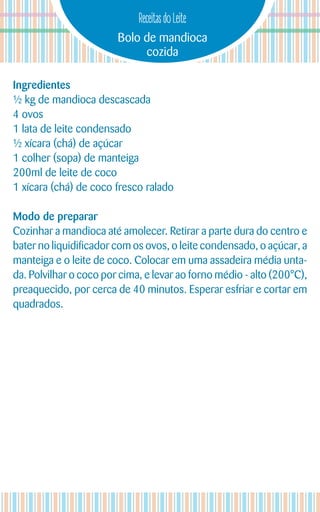 Bolo de mandioca
cozida
Receitas do Leite
Ingredientes
½ kg de mandioca descascada
4 ovos
1 lata de leite condensado
½ xícara (chá) de açúcar
1 colher (sopa) de manteiga
200ml de leite de coco
1 xícara (chá) de coco fresco ralado
Modo de preparar
Cozinhar a mandioca até amolecer. Retirar a parte dura do centro e
bater no liquidificador com os ovos, o leite condensado, o açúcar, a
manteiga e o leite de coco. Colocar em uma assadeira média unta-
da. Polvilhar o coco por cima, e levar ao forno médio - alto (200°C),
preaquecido, por cerca de 40 minutos. Esperar esfriar e cortar em
quadrados.
 