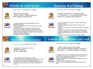 Salada de caranguejo                                                         Santola Recheada
      Nº pessoas: 2 Tempo: 0H45 Grau: Médio                                         Nº pessoas: 2 Tempo: 1H15 Grau: Fácil


       500 g carne de caranguejo                                                     1 santola; 3 dl maionese; 1 c. sopa pão ralado:
       1 alface; 4 tomate; 1 abacate; pepino em                                      1 c. sopa ketchup; 1 c. chá cebolinho picado; sal q.b.;
       fatias; azeitonas pretas s/caroço                                             Pimenta q.b.; queijo parmesão ralado q.b.



                                                                                     1. Coza a santola durante cerca de 15 minutos. Retire e deixe
       1. Tenha pré-preparado para acompanhamento o Molho                            arrefecer um pouco.
       Rémoulade fresquinho.                                                         2. Separe a carapaça das patas e extraia-lhe tudo o que for
       2. Parte-se o caranguejo cozido e retira-se-lhe a carne, que se               comestível.
       corta em pedaços.                                                             3. Junte à carne que retirou, a maionese, o pão ralado, o cebolinho e
       3. Arranjam-se as folhas de alface numa saladeira larga.                      o ketchup.
       4. Coloca-se a carne de caranguejo no centro da travessa e                    4. Misture tudo muito bem e tempere com sal e pimenta a gosto.
       enfeita-se com os tomates, o abacate (sem casca, sem caroço,                  5. Recheie a carapaça com o creme, polvilhe com um pouco de
       cortado em fatias e esfregado com sumo de limão), o pepino e as               queijo parmesão ralado e leve ao forno a gratinar, por cerca de 5
       azeitonas em volta do caranguejo.                                             minutos.
       Acompanhe com Molho Rémoulade                                                 6. Sirva decorando o prato com as patas e folhas de alface.




    Sapateira à Escocesa                                                     Salada de mexilhões com aioli
                                                                                   Nº pessoas: 4 Tempo: 0H40 Grau: Médio
      Nº pessoas: 2 Tempo: 0H30 Grau: Fácil

                                                                                     1 alface; 4 gemas de ovo; pepino salsa ;
       1 sapateira; 1 ovo cozido; 1 c. chá                                           425 g mexilhões enlatados; cebolinho; 5 dentes de
       mostarda; maionese                                                            alho; sal q.b.; 1 c. chá sumo de limão; 1 dl azeite
       coentros ; queijo ralado

                                                                                  1. Começar com o “aioli”: num almofariz pisar o alho e o sal. Juntar o
                                                                                  sumo de limão e as gemas. Acrescentar o azeite, à temperatura
                                                                                  ambiente, gota a gota, mexendo sempre.
       1. Abra a sapateira cozida reservando as pernas.
                                                                                  2. Dispor os mexilhões num “cama” de alface cortada fina, salsa e
       2. Aproveite toda a carne da sapateira e desfaça-a para uma tijela.
                                                                                  cebolinho picado.
       3. Junte o ovo cozido picado, a mostarda e os coentros.
                                                                                  3. Cortar o pepino em palitos e pôr à volta.
       4. Envolva tudo com a maionese e recheie a casca da sapateira.
                                                                                  4. Deitar o molho ou parte dele sobre a salada, servindo o resto à
       5. Polvilhe com queijo ralado e leve ao forno a gratinar por 15
                                                                                  parte.
       minutos.
4                                                                                                                                                          21
 