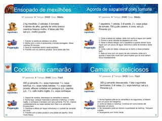 Ensopado de mexilhões                                                    Açorda de sapateira com tomate
       Nº pessoas: 4 Tempo: 0H45 Grau: Médio                                       Nº pessoas: 4 Tempo: 0H40 Grau: Médio


        2 kg mexilhão; 2 cebolas; 4 tomates                                        1 sapateira; 1 cebola; 3 dl azeite; 3 c. sopa polpa
        4 dentes de alho; garrafa de vinho branco                                  de tomate; 750 g pão caseiro; 4 ovos; sal q.b.
        coentros frescos molho; 4 fatias pão frito                                 Pimenta q.b.
        sal q.b.; molho picante

                                                                                   1. Corte a cebola às rodelas, deite num tacho e regue com azeite.
        1. Estufar no azeite as cebolas e os alhos.                                2. Ponha a carne retirada da sapateira por cima.
        2. Molhe com o vinho e acrescente o tomate esmagado. Deixe                 3. Deixe a cebola refogar com a sapateira e quando estiver loura
        cozinhar 20 minutos                                                        regue com um pouco de água. Adicione a calda de tomate e deixe
        3. Abra os mexilhões dentro deste estufado.                                apurar.
        4. Polvilhe com os coentros picados. Sirva sobre pão frito.                4. Corte o pão em fatias, coloque-as no tacho e deixe embeber
                                                                                   bem.
                                                                                   5. Bata os ovos com um pouco de sal e pimenta, junte-os à
                                                                                   açorda e mexa tudo muito bem para impedir que os ovos talhem.
                                                                                   Sirva imediatamente.




     Cocktail de camarão                                                       Camarões deliciosos
                                                                                    Nº pessoas: 2 Tempo: 0H30 Grau: Fácil
        Nº pessoas: 4 Tempo: 0H40 Grau: Fácil

        450 g camarão; 4 c. sopa maionese; 1 c. sopa                                 300 g camarão descascado; 1 lata cogumelos
        ketchup; 4 c. sopa natas batidas; 1 c. sopa salsa                            laminados; 2 dl natas; 2 c. sopa ketchup; sal q.b.
        picada; alfaces cortadas em pedaços q.b.; paprika                            Pimenta q.b.
        q.b.; 1 c. café molho inglês; 3 c. sopa conhaque.

        1. Depois de cozidos, descasque os camarões e reserve.
        2. Numa taça, coloque maionese e adicione o ketchup, o molho              1. Numa frigideira põe-se os camarões e os cogumelos, a fritarem
        inglês, o conhaque e tempere com sal e pimenta. Por fim, misture          com um pouco de margarina.
        cuidadosamente as natas batidas bem frias e os camarões.                  2. Junte as natas e o ketchup. Continua em lume brando até
        Envolva bem.                                                              engrossar um pouco.
        3. Distribua a alface por taças individuais e o cocktail de camarão       3. Se necessário pode-se retocar a quantidade de ketchup. Tempere
        por cima.                                                                 a gosto.
        4. Polvilhe com a salsa picada e uma pitada de paprika. Sirva             4. Acompanhe com Vinho Verde
16      muito fresco.                                                                                                                                  9
 