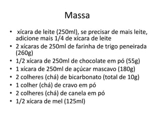 Massa
• xícara de leite (250ml), se precisar de mais leite,
adicione mais 1/4 de xícara de leite
• 2 xícaras de 250ml de farinha de trigo peneirada
(260g)
• 1/2 xícara de 250ml de chocolate em pó (55g)
• 1 xícara de 250ml de açúcar mascavo (180g)
• 2 colheres (chá) de bicarbonato (total de 10g)
• 1 colher (chá) de cravo em pó
• 2 colheres (chá) de canela em pó
• 1/2 xícara de mel (125ml)
 