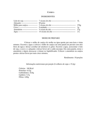 CANJICA

                                          INGREDIENTES

Leite de soja ----------------------   7 xícaras de chá ---------------------------------------   1L
Adoçante --------------------------    60 gotas
Milho para canjica ---------------     2 xícaras de chá ---------------------------------------   278g
Cravo ------------------------------   8 unidades ---------------------------------------------   1g
Amendoim ------------------------      ½ xícara de chá ---------------------------------------    57g
Água -------------------------------   14 xícaras de chá -------------------------------------    2L


                                           MODO DE PREPARO

               Colocar o milho de canjica de molho na água quente por uma hora e trinta
minutos. Escorrer a água e colocar o milho de canjica em uma panela de pressão com dois
litros de água e deixar cozinhar até amolecer os grãos. Escorrer a água, acrescentar o leite
de soja, o cravo e o adoçante e deixar ferver até o caldo encorpar. Em outra panela, torrar o
amendoim e depois descascar e triturar no liqüidificador. Colocar o amendoim na canjica
pronta e deixar ferver por mais cinco minutos.

                                                                             Rendimento: 10 porções


                   Informações nutricionais por porção (6 colheres de sopa = 15,4g)

       Calorias: 168 Kcal
       Proteínas: 6,52g
       Carboidratos: 24,8g
       Lipídeos: 4,7g
       Fibras: 4,86g
 