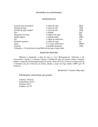 PÃO DE BATATA COM CENOURA


                                      INGREDIENTES


 Leite de soja sem açúcar*                1 colher de sopa                          80ml
 Farinha de trigo                         1 xícara de chá                           100g
 Farinha de trigo integral                1 xícara de chá                           100g
 Ovo                                      1 unidade                                 60g
 Margarina sem leite                      4 colheres de sopa                        80g
 Batata inglesa                           1 unidade média                           200g
 Sal                                      1 colher de sobremesa                     14g
 Fermento químico                         1 colher de sopa                          6g
 Água                                     3 ½ copos americanos                      660ml
 Cenoura                                  2 unidades pequenas                       150g
* Diluição = 11,5g de leite de soja 80ml de leite que se quer obter.

                                   MODO DE PREPARO

       Misturar a margarina, o leite de soja e o ovo. Homogeneizar. Adicionar o sal.
Acrescentar a batata e a cenoura. Colocar a farinha de trigo aos poucos (tanto a integral,
quanto a especial) até homogeneização da massa. Antes de levar a massa à cocção acrescer
o fermento em pó. Coloca-la em forma untada e assar em fogo médio (200ºC por 30
minutos).

                                                           Rendimento: 7 porções (80g cada)

       Informações nutricionais por porção
       Calorias: 245 kcal
       Carboidrato: 50,3%
       Proteína: 8,5%
       Lipídeos: 41,2%
 