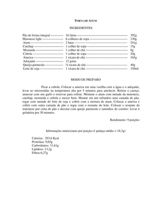 TORTA DE ATUM

                                          INGREDIENTES

Pão de forma integral ------------     16 fatias ------------------------------------------------   392g
Maionese light --------------------    6 colheres de sopa ------------------------------------      230g
Atum -------------------------------   2 latas --------------------------------------------------   241g
Catchup ----------------------------   1 colher de sopa ---------------------------------------     15g
Mostarda --------------------------    1 colher de chá ----------------------------------------     8g
Cebola -----------------------------   1 colher de sopa ---------------------------------------     20g
Ameixa ----------------------------    1 xícara de chá ----------------------------------------     165g
Adoçante --------------------------    12 gotas
Queijo parmesão -----------------      ½ xícara de chá ---------------------------------------      40g
Leite de soja ----------------------   1 xícara de chá ----------------------------------------     150ml


                                           MODO DE PREPARO

               Picar a cebola. Colocar a ameixa em uma vasilha com a água e o adoçante,
levar ao microondas na temperatura alta por 5 minutos para amolecer. Retirar o caroço,
amassar com um garfo e reservar para esfriar. Misturar o atum com metade da maionese,
catchup, mostarda e cebola e mexer bem. Montar em um refratário uma camada de pão,
regar com metade do leite de soja e cobrir com a mistura de atum. Colocar a ameixa e
cobrir com outra camada de pão e regar com o restante do leite. Colocar o restante da
maionese por cima do pão e decorar com queijo parmesão e raminhos de coentro. Levar à
geladeira por 30 minutos.

                                                                                Rendimento: 9 porções


                    Informações nutricionais por porção (1 pedaço médio = 16,3g)

        Calorias: 293,6 Kcal
        Proteínas: 9,65g
        Carboidratos: 31,61g
        Lipídeos: 13,2g
        Fibras:6,27g
 