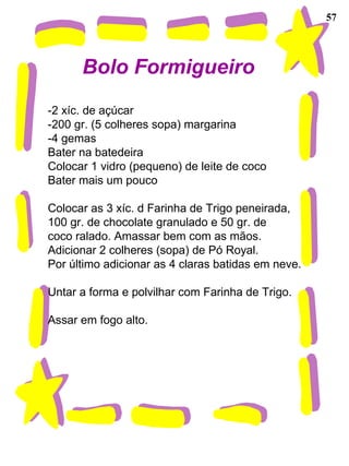 57
Bolo Formigueiro
-2 xíc. de açúcar
-200 gr. (5 colheres sopa) margarina
-4 gemas
Bater na batedeira
Colocar 1 vidro (pequeno) de leite de coco
Bater mais um pouco
Colocar as 3 xíc. d Farinha de Trigo peneirada,
100 gr. de chocolate granulado e 50 gr. de
coco ralado. Amassar bem com as mãos.
Adicionar 2 colheres (sopa) de Pó Royal.
Por último adicionar as 4 claras batidas em neve.
Untar a forma e polvilhar com Farinha de Trigo.
Assar em fogo alto.
 