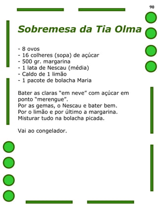 90
Sobremesa da Tia Olma
- 8 ovos
- 16 colheres (sopa) de açúcar
- 500 gr. margarina
- 1 lata de Nescau (média)
- Caldo de 1 limão
- 1 pacote de bolacha Maria
Bater as claras “em neve” com açúcar em
ponto “merengue”.
Por as gemas, o Nescau e bater bem.
Por o limão e por último a margarina.
Misturar tudo na bolacha picada.
Vai ao congelador.
 