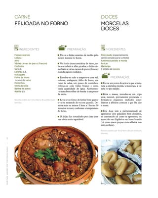 RECEITASESABORESDOSTERRITÓRIOSRURAIS  •  30
DOCES
Morcelas
Doces
Carne
Feijoada no Forno
INGREDIENTES
Pão ralado (especialmente
confecionado para o efeito)
Amêndoa pelada e moída
Açúcar
Manteiga
1 pitada de canela
PREPARAÇÃO
 Faz-se um ponto de açúcar a que se mis-
tura a amêndoa moída, a manteiga, a ca-
nela e o pão ralado.
 Feita a massa, introduz‑se em tripa
seca, natural, previamente preparada e
formam‑se pequenos enchidos seme-
lhantes a alheiras comuns e que lhe dão
o nome.
 Este doce tem a particularidade de
apresentar dois paladares bem distintos,
se consumido tal como se apresenta, ou
aquecido em frigideira em lume brando
(tal como quem prepara uma alheira mas
sem gordura).
Receita cedida por Alice Maria Bruçó ­Marques
Mendes.
INGREDIENTES
Feijão catarino
Cebola
Alho
Várias carnes de porco (frescas)
Enchidos
Sal q.b.
Colorau q.b.
Malagueta
Folha de louro
1 ramo de salsa
Cominhos
Vinho branco
Banha de porco
Azeite q.b.
Receita cedida por Alice Maria Bruçó ­Marques
Mendes.
PREPARAÇÃO
Põe‑se o feijão catarino de molho pelo
menos durante 12 horas.
No fundo duma assadeira de barro, co-
loca‑se cebola e alho picados, o feijão de-
molhado e várias carnes de porco (frescas)
e ainda alguns enchidos.
Envolve‑se tudo e tempera‑se com sal,
colorau, malagueta, folha de louro, um
ramo de salsa, um pouco de cominhos,
refresca‑se com vinho branco e outra
tanta quantidade de água. Acrescenta-
‑se uma boa colher de banha e um pouco
de azeite.
Leva‑se ao forno de lenha bem quente
e vai‑se mexendo de vez em quando. De-
mora mais ou menos 1 hora a 1 hora e 30
minutos a cozer, conforme a temperatura
do forno.
O feijão fica tostadinho por cima com
um sabor muito agradável.
 