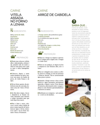 RECEITASESABORESDOSTERRITÓRIOSRURAIS  •  41
carne
Arroz de Cabidela
INGREDIENTES
1 frango caseiro (de preferência galo)
2 cebolas grandes
3 a 4 colheres de sopa de azeite
Alho q.b.
Sal q.b.
Pimenta q.b.
1/2 tigela de vinagre e vinho tinto
1 a 2 folhas de louro
Tiras de presunto
PREPARAÇÃO
Mata‑se o frango na véspera e aprovei-
ta‑se o sangue para a tigela com o vinagre
e o vinho tinto.
Parte‑se em pedaços, só depois de frio
e tempera‑se com bastante alho, sal e o
louro.
Faz‑se o refogado com o azeite e a cebo-
la, junta‑se o frango, as tiras de presunto
e deixa‑se alourar. Vai‑se acrescentando
água, pouco a pouco.
Quando o frango estiver a ficar cozido,
junta‑se a água necessária, previamente
aquecida, e depois o arroz. Coze durante
10 minutos, adicionando então o sangue e
deixa‑se cozer durante aproximadamente
5 minutos ou menos.
Retificam‑se os temperos – sal e pimen-
ta – e serve‑se de imediato.
carne
Vitela
Assada
no Forno
a Lenha
INGREDIENTES
800 g carne de vitela
arouquesa
400 g batata
500 g arroz
Cebola q.b.
Alho q.b.
Sal q.b.
Colorau q.b.
Salsa q.b.
Banha de porco q.b.
Vinho branco q.b.
PREPARAÇÃO
 Numa taça coloca‑se cebola,
alho e salsa picados, colorau e
sal, pisando tudo de modo a
obter‑se uma pasta com a qual
se unta a carne homogenea-
mente.
 Coloca‑se depois a carne
numa assadeira de barro, jun-
ta‑se um pouco de banha de
porco, de vinho branco e de
água.
 Vai ao forno quente, de pre-
ferência num de cozer pão, du-
rante cerca de 1 hora e 30 mi-
nutos.
 Ao fim deste tempo, vira‑se
e dispõem‑se as batatas em
volta, deixando cozer durante
o tempo necessário para que
tudo fique bem macio.
 Para o fazer o arroz, colo-
ca‑se o arroz, salsa e banha de
porco numa caçarola de barro,
junta‑se água a ferver, mistu-
ra‑se tudo e vai ao forno du-
rante 1 hora e 30 minutos.
Sabia que...
O Arroz de Cabidela, muito
difundido na região minhota,
prende‑se com as longínquas
raízes de uma economia agrícola
associada à criação de aves de
capoeira e pequena pecuária,
utilizado como “mimo gastronó‑
mico” em dias de festa, ou para
superar dificuldades económicas
através da sua troca entre vizi‑
nhos, por produtos que estives‑
sem em falta doméstica ou em
venda nas feiras e mercados
mais próximos. A produção dos
ovos era um importante recurso
complementar à criação avícola.
A grande divulgação do arroz
de cabidela deve‑se também
ao facto de ser um prato de
fácil execução, que chega para
muitos comensais, sobretudo
quando é “malandro” e por não
exigir a compra de ingredientes
dispendiosos, já que bastava ir
ao quintal para se ter acesso ao
galináceo.
 