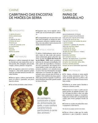 RECEITASESABORESDOSTERRITÓRIOSRURAIS  •  48
carne
Cabritinho das Encostas
de Mixões da Serra
INGREDIENTES
1 cabrito da serra
Vinho verde branco
Sal q.b.
5 cabeças de alho
4 folhas de louro
Pimenta q.b.
1 ramo de carqueja, urze
ou rosmaninho
Colorau
Toucinho
Banha ou azeite
PREPARAÇÃO
Deixa‑se o cabrito temperado de véspe-
ra, barrado por uma massa feita com ce-
bola picada, alho esmagado, salsa picada,
vinagre, colorau, pimenta e sal grosso.
No dia seguinte e antes de ir ao forno,
enxuga‑se e dão‑se-lhe pequenos golpes
onde são colocadas fatias de toucinho cor-
tadas fininhas.
Barra‑se agora o cabrito com banha de
porco ou azeite e, querendo, um pouco
mais de colorau.
Vai ao forno de lenha a assar inteiro.
Enquanto assa, vai‑se regando com o
molho que vai escorrendo para o tabulei-
ro.
É acompanhado por um arroz feito com
base num estrugido, os miúdos do cabri-
to, presunto, chouriço e também com aça-
frão, e em cuja calda se junta um pouco do
molho retirado do assado.
RITOS E HÁBITOS
O cabrito é habitualmente morto até um
mês e meio de vida, tendo sido pratica-
mente alimentado apenas pelo leite ma-
terno. A carne do Cabrito das Terras Al‑
tas do Minho – IGP, muito suculenta e
saborosa, de coloração avermelhada, é ob-
tida a partir das raças Bravia e Serrana e
dos seus cruzamentos. São animais de es-
tatura média e corpo curto, pêlo de com-
primento mediano e cor castanha escura
ou preta. Esta raça desempenha um papel
importante na economia da região, for-
necendo carne, estrume para fertilizar os
campos e leite (embora em pouca quanti-
dade) para produzir requeijão. O cabrito é
particularmente apreciado quando assado
no forno de lenha.
CARNE
Papas de
Sarrabulho
INGREDIENTES
Aproximadamente 24 doses:
1 galinha (caseira de preferência)
com cerca de 3 kg de carne limpa
1,750 kg de carne da veia
1 kg de fressura (ou colada) de porco
1 pernil fumado
1 salpicão e 1 pedaço de presunto
500 g de toucinho magro
1 chouriça de carne
1 chouriça de sangue
36 pães de trigo secos (+/- 4 dias )
Vários limões
Bastantes cominhos
Sal e pimenta branca
“Boneca” de especiarias: 3 cravinhos
da índia, pimenta branca/preta
em grão, noz-moscada, salsa, alho,
loureiro, hortelã-pimenta
Sangue de porco esfarelado (opcional)
PREPARAÇÃO
De véspera, colocam‑se numa panela
todas as carnes, juntamente com a “bo-
neca”, deitando água até as cobrir e dei-
xando cozer, até as mesmas ficarem muito
bem cozidas.
Esfiam‑se as carnes muito fininhas e
tritura‑se a fressura cozida.
Reservam‑se os ossos e a pele com al-
guma gordura da galinha levando a fer-
ver com água de modo a obter um caldo
para acrescentar às papas, se necessário;
A água da cozedura deve ser passada num
coador, para retirar qualquer bocado de
osso.
Cortam‑se os pães em pedacinhos mui-
to pequenos e reservam‑se.
No dia de as papas serem servidas:
Põe‑se a ferver a água que foi coada;
adiciona‑se o pão já partido e mexe‑se
As pastagens,
constituem a base
da alimentação do
gado, o que confere
características
particulares à carne
dos animais.”
 