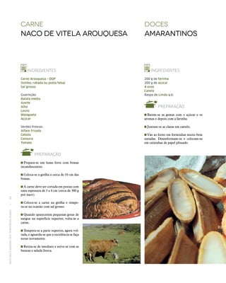 RECEITASESABORESDOSTERRITÓRIOSRURAIS  •  66
Carne
Naco de vitela Arouquesa
DOCES
Amarantinos
INGREDIENTES
Carne Arouquesa – DOP
(lombo, rabada ou posta falsa)
Sal grosso
Guarnição:
Batata média
Azeite
Alho
Louro
Malagueta
Açúcar
Verdes frescos:
Alface frisada
Cebola
Cenoura
Tomate
PREPARAÇÃO
 Prepara-se um lume forte com brasas
incandescentes.
 Coloca-se a grelha a cerca de 10 cm das
brasas.
 A carne deve ser cortada em postas com
uma espessura de 3 a 4 cm (cerca de 300 g
por naco).
 Coloca‑se a carne na grelha e tempe-
ra‑se na ocasião com sal grosso.
 Quando aparecerem pequenas gotas de
sangue na superfície superior, volta‑se a
carne.
 Tempera‑se a parte superior, agora vol-
tada, e aguarda‑se que a suculência se faça
notar novamente.
 Retira‑se de imediato e serve‑se com as
batatas e salada fresca.
INGREDIENTES
200 g de farinha
200 g de açúcar
4 ovos
Canela
Raspa de Limão q.b.
PREPARAÇÃO
 Batem‑se as gemas com o açúcar e os
aromas e depois com a farinha.
 Juntam‑se as claras em castelo.
 Vão ao forno em forminhas muito bem
untadas. Desenformam‑se e colocam‑se
em caixinhas de papel plissado.
 