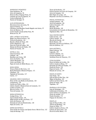 bairrada e mondego
Sopa Gandaresa,  90
Arroz de Lampreia,  90
Peixes do Rio e Enguias Fritas,  91
Camarão da Costa da Figueira,  91
Leitão da Bairrada,  92
Pastéis de Tentúgal,  93
alta estremadura
Morcela de Arroz de Leiria,  96
Sopa do Vidreiro,  97
Chícharos com Bacalhau Assado Regado com Azeite,  97
Arroz de Marisco,  98
Leitão Assado à moda da Boa Vista,  98
Brisas do Lis,  99
Dão, lafões e alto paiva
Migas com Filetes de Polvo,  102
Trutas de Escabeche,  102
Rancho à Moda de Viseu,  103
Vitela à Manhouce,  103
Nacos de Vitela de Lafões,  104
Manjar de Oliveira de Frades,  104
Pastéis de Vouzela,  105
estrela-sul
Cherovias Fritas,  108
Caldudo, 108
Bacalhau com Cereja,  109
Arroz de Zimbro,  109
Cabrito Recheado,  110
Lebre com Feijão,  110
Papas de Carolo de Milho Branco,  111
beira serra
Trutas à Moda do Rio Ceira,  114
Bucho Recheado à Moda de Folques,  115
Chanfana, 116
Tigelada de Torrozelas,  117
Carolo, 117
aguieira, dão e caramulo
Peixe do Rio com Molho de Escabeche,  120
Lampantana, 120
Carolos em Vinho e Alho,  121
Cabrito Assado à Moda da Serra do Caramulo,  121
Coelho à Caçador,  122
Bolo de Cornos,  123
Torta de Laranja,  123
beira interior sul
Acelgas Fritas,  126
Sopa de Feijão-Frade,  126
Miga de Peixe do Rio com Poejo,  127
Arroz de Fressura,  128
Feijoada de Lebre de Monfortinho,  128
Papas de Carolo,  129
serra da estrela
Tosta de Pão de Centeio com Queijo Serra e Mel de Urze,  132
Canja de Borrego,  132
Trutas de Escabeche,  133
Feijoca Serrana com Arroz de Carqueja,  134
Arroz de Carqueja,  134
Bolo Negro de Loriga,  135
Requeijão com Doce de Abóbora,  135
pinhal interior sul
Achigã Grelhado,  138
Arroz de Lampreia,  138
Cabrito Estonado,  139
Maranho, 140
Bucho Recheado,  140
Cartuchinhos de Cernache do Bonjardim,  141
Tigelada de Mel,  141
raia centro norte
Caldo de Grão,  144
Cabrito Assado,  144
Morcela da Guarda,  145
Bucho Raiano,  146
Requeijão com Doce de Abóbora,  147
Doce de Abóbora,  147
raia histórica
Papas Laberças,  150
Lagarada, 150
Carneiro à Beirão,  151
Cavacas de Pinhel,  152
Sardinhas Doces de Trancoso,  153
cova da beira
Pastel de Molho da Covilhã,  156
Cabrito Assado na Brasa,  157
Ensopado de Cabra do Fundão,  157
Panela do Forno,  158
Papas de Carolo,  159
Bolacha de Cerveja,  159
ribatejo norte
Sopa Verde,  164
Sopa de Peixe do Rio Tejo,  164
Migas de Bacalhau,  165
Cabrito de Torres Novas,  165
Fatias de Tomar,  166
Tigeladas, 167
península de setúbal
Sopa de Saramagos,  170
Caldeirada de Sesimbra,  170
Carne de Porco com Enguias,  171
Ostras de Setúbal,  172
Pombo Estufado,  173
Fogaças de Alcochete,  173
ribatejo
Sopa de Peixe do Rio,  176
Tiborna de Bacalhau,  176
Fataça na Telha,  177
Cabrito Assado no Forno,  178
Celestes de Santa Clara,  178
Pão de ló de Rio Maior,  179
 