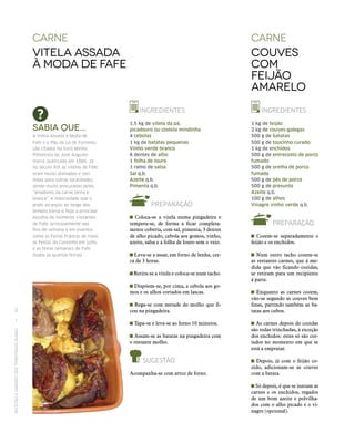 RECEITASESABORESDOSTERRITÓRIOSRURAIS  •  82
carne
Vitela assada
à moda de Fafe
carne
Couves
com
feijão
amarelo
INGREDIENTES
1 kg de feijão
2 kg de couves-galegas
500 g de batatas
500 g de toucinho curado
1 kg de enchidos
500 g de entrecosto de porco
fumado
500 g de orelha de porco
fumada
500 g de pés de porco
500 g de presunto
Azeite q.b.
100 g de alhos
Vinagre vinho verde q.b.
PREPARAÇÃO
Cozem‑se separadamente o
feijão e os enchidos.
Num outro tacho cozem‑se
as restantes carnes, que á me-
dida que vão ficando cozidas,
se retiram para um recipiente
á parte.
Enquanto as carnes cozem,
vão‑se segando as couves bem
finas, partindo também as ba-
tatas aos cubos.
As carnes depois de cozidas
são todas trinchadas, à exceção
dos enchidos: estes só são cor-
tados no momento em que se
está a empratar.
Depois, já com o feijão co-
zido, adicionam‑se as couves
com a batata.
Só depois, é que se juntam as
carnes e os enchidos, regados
de um bom azeite e polvilha-
dos com o alho picado e o vi-
nagre (opcional).
INGREDIENTES
1,5 kg de vitela da pá,
picadouro ou costela mindinha
4 cebolas
1 kg de batatas pequenas
Vinho verde branco
6 dentes de alho
1 folha de louro
1 ramo de salsa
Sal q.b.
Azeite q.b.
Pimenta q.b.
PREPARAÇÃO
Coloca-se a vitela numa pingadeira e
tempera-se, de forma a ficar completa-
mente coberta, com sal, pimenta, 3 dentes
de alho picado, cebola aos gomos, vinho,
azeite, salsa e a folha de louro sem o veio.
Leva-se a assar, em forno de lenha, cer-
ca de 3 horas.
Retira-se a vitela e coloca-se num tacho.
Dispõem-se, por cima, a cebola aos go-
mos e os alhos cortados em lascas.
Rega-se com metade do molho que fi-
cou na pingadeira.
Tapa-se e leva-se ao forno 10 minutos.
Assam-se as batatas na pingadeira com
o restante molho.
SUGESTÃO
Acompanha-se com arroz de forno.
Sabia que...
A Vitela Assada à Moda de
Fafe e o Pão de Ló de Fornelos,
são citados no livro Minho
Pittoresco de José Augusto
Vieira, publicado em 1886. Já
no século XIX as vitelas de Fafe
eram muito afamadas e ven‑
didas para outras localidades,
sendo muito procuradas pelos
“amadores da carne tenra e
branca”. A notoriedade que o
prato alcançou ao longo dos
tempos torna-o hoje a principal
escolha de inúmeros visitantes
de Fafe, principalmente aos
fins-de‑semana e em eventos
como as Feiras Francas de maio,
as Festas do Concelho em julho
e as feiras semanais de Fafe
(todas as quartas-feiras).
 