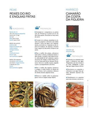 RECEITASESABORESDOSTERRITÓRIOSRURAIS  •  91
PREPARAÇÃO
 Arranjam‑se e temperam‑se os peixes
com sal. Fritam‑se os peixes do rio em
óleo bem quente. Escorrem‑se bem antes
de servir.
 Cortam‑se as cabeças, amanham‑se, la‑
vam‑se as enguias e colocam‑se de molho
durante 1 hora, em água e sal. Seguida‑
mente, escorrem‑se e espetam‑se em es‑
petos de madeira, de maneira a ficarem
com o aspeto de uma mola e fritam‑se em
azeite.
 Para o molho dos peixes, colocam‑se
num tacho o colorau, a polpa de tomate, o
alho picado, o piripíri, uma folha de lou‑
ro, uma pitada de sal e pimenta a gosto,
um pouco de vinagre e vinho branco. Le‑
va‑se ao lume para ferver durante 20 mi‑
nutos. Serve‑se o molho à parte, regando
a gosto e acompanhando com broa.
 Para o molho das enguias, juntam‑se
o vinagre, o vinho branco, os dentes de
alho, o louro, o sal e a pimenta e deixa‑se
de infusão durante algumas horas.
 Deita‑se o molho sobre os peixes/en‑
guias e serve‑se algum tempo depois.
marisco
Camarão
da Costa
da Figueira
peixe
Peixes do Rio
e Enguias Fritas
INGREDIENTES
Camarão q.b.
Sal grosso q.b.
PREPARAÇÃO
 Colocam‑se os camarões num
tacho e cobrem‑se com água.
Temperam‑se de sal e levam‑se
ao lume, desligando o lume
logo que a água comece a ferver.
 Escorrem‑se os camarões e
colocam‑se em água bem ge‑
lada, deixando repousar uns
minutos.
 Transferem‑se os camarões
para uma travessa e servem‑se.
INGREDIENTES
Peixes do rio
20 a 24 enguias pequenas
(cerca de 1,2 kg)
Sal q.b.
Óleo para fritar
Azeite para fritar
Molho dos peixes:
Colorau q.b.
Polpa de tomate q.b.
Vinho branco
Vinagre branco
Alho
1 folha de louro
Piripíri q.b.
Sal e pimenta a gosto
Molho das enguias:
2,5 dl de vinho branco
2,5 dl de vinagre branco
2 dentes de alho
Louro
Sal e pimenta a gosto
 