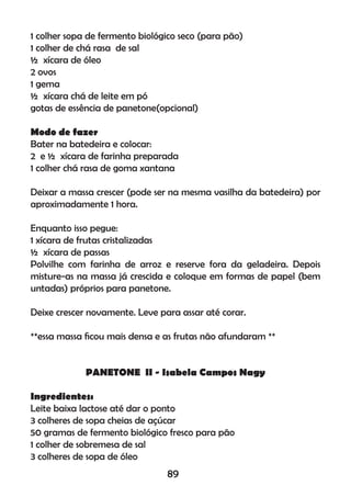1 colher sopa de fermento biológico seco (para pão)
1 colher de chá rasa de sal
½ xícara de óleo
2 ovos
1 gema
½ xícara chá de leite em pó
gotas de essência de panetone(opcional)
Modo de fazer
Bater na batedeira e colocar:
2 e ½ xícara de farinha preparada
1 colher chá rasa de goma xantana
Deixar a massa crescer (pode ser na mesma vasilha da batedeira) por
aproximadamente 1 hora.
Enquanto isso pegue:
1 xícara de frutas cristalizadas
½ xícara de passas
Polvilhe com farinha de arroz e reserve fora da geladeira. Depois
misture-as na massa já crescida e coloque em formas de papel (bem
untadas) próprios para panetone.
Deixe crescer novamente. Leve para assar até corar.
**essa massa ﬁcou mais densa e as frutas não afundaram **
PANETONE II - Isabela Campos Nagy
Ingredientes:
Leite baixa lactose até dar o ponto
3 colheres de sopa cheias de açúcar
50 gramas de fermento biológico fresco para pão
1 colher de sobremesa de sal
3 colheres de sopa de óleo
89
 