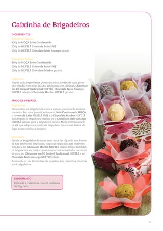 Caixinha de Brigadeiros
ingredienteS
Brigadeiro escuro
400g de MoÇa leite Condensado
200g de neStlÉ Creme de leite uht
200g de neStlÉ Chocolate Meio amargo picado


Brigadeiro Branco
400g de MoÇa leite Condensado
200g de neStlÉ Creme de leite uht
200g de neStlÉ Chocolate Marfim picado


Cobertura
50g de cada ingrediente (nozes picadas, xerém de caju, pista-
che picado, coco seco ralado, amêndoas em lâminas, Chocolate
em Pó Solúvel tradicional neStlÉ, Chocolate Meio amargo
neStlÉ ralado e Chocolate Marfim neStlÉ picado)


Modo de PreParo
Brigadeiros
Para ambos os brigadeiros, claro e escuro, proceda da mesma
maneira. Em uma panela, coloque o leite Condensado MoÇa,
o Creme de leite neStlÉ uht e o Chocolate Marfim neStlÉ
picado para o brigadeiro branco, ou o Chocolate Meio amargo
neStlÉ picado para o brigadeiro escuro. Mexa continuamen-
te até que adquira o ponto de brigadeiro de enrolar. Retire do
fogo, espere esfriar e reserve.


Montagem
Enrole os brigadeiros brancos com cerca de 10g cada um. Passe-
os nas amêndoas em lascas, no pistache picado, nas nozes tri-
turadas e no Chocolate Marfim neStlÉ ralado. Enrole também
os brigadeiros escuros e passe-os no coco seco ralado, no xerém
de caju, no Chocolate em Pó Solúvel tradicional neStlÉ e no
Chocolate Meio amargo neStlÉ ralado.
Acomode-os em forminhas de papel ou em caixinhas próprias
para brigadeiros.




  rendiMento
  Cerca de 4 caixinhas com 20 unidades
  de 20g cada




                                                                  13
 