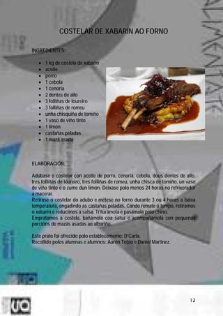 COSTELAR DE XABARÍN AO FORNO

INGREDIENTES:

   •   1 kg de costela de xabarín
   •   aceite
   •   porro
   •   1 cebola
   •   1 cenoria
   •   2 dentes de allo
   •   3 folliñas de loureiro
   •   3 folliñas de romeu
   •   unha chisquiña de tomiño
   •   1 vaso de viño tinto
   •   1 limón
   •   castañas peladas
   •   1 mazá asada



ELABORACIÓN:

Adúbase o costelar con aceite de porro, cenoria, cebola, dous dentes de allo,
tres folliñas de loureiro, tres folliñas de romeu, unha chisca de tomiño, un vaso
de viño tinto e o zume dun limón. Déixase polo menos 24 horas no refrixerador
a macerar.
Retírase o costelar do adubo e métese no forno durante 3 ou 4 horas a baixa
temperatura, engadindo as castañas peladas. Cando remate o tempo, retiramos
o xabarín e reducimos a salsa. Triturámola e pasámola polo chino.
Empratamos a costela, bañámola coa salsa e acompañámola con pequenas
porcións de mazás asadas ao albariño.

Este prato foi ofrecido polo establecemento: D’Carla.
Recollido polos alumnas e alumnos: Aarón Tobio e Daniel Martinez.




                                                                              12
 
