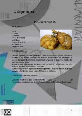 3. Segundo prato


                             POLO Á PEPITORIA
INGREDIENTES:

1 polo
1 cebola
1 cenoria
1 folla de loureiro
améndoas
1 papel de azafrán
viño branco
1 xema de ovo

ELABORACIÓN:

Toramos o polo e pasámolo pola tixola cando estea o aceite quente. Douramos
a cebola e as demais verduras. No morteiro machucamos as améndoas, o
contido dun papel de azafrán e engadímoslle un pouco de auga. Cos miúdos do
polo facemos un caldo.
Nunha tarteira mesturamos as améndoas coa cebola, medio vaso de viño
branco e botamos enriba a salsa e o caldo.
Nunha fonte poñemos o polo e botámoslle por riba a mestura anterior. Batemos
un ovo e estendémolo sobre o polo. Métese todo no forno.

TEMPORADA: receita de primavera.

Este prato foi ofrecido polo establecemento: La Batea
Foi recollido polos alumnos: Sergio Coloret, Adrián de Matos e Ali Boutinguiza.




                                                                              7
 