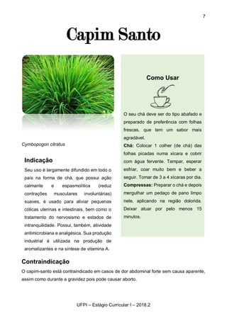 7
UFPI – Estágio Curricular I – 2018.2
Capim Santo
Cymbopogon citratus
Contraindicação
O capim-santo está contraindicado em casos de dor abdominal forte sem causa aparente,
assim como durante a gravidez pois pode causar aborto.
Indicação
Seu uso é largamente difundido em todo o
país na forma de chá, que possui ação
calmante e espasmolítica (reduz
contrações musculares involuntárias)
suaves, é usado para aliviar pequenas
cólicas uterinas e intestinais, bem como o
tratamento do nervosismo e estados de
intranquilidade. Possui, também, atividade
antimicrobiana e analgésica. Sua produção
industrial é utilizada na produção de
aromatizantes e na síntese de vitamina A.
Como Usar
O seu chá deve ser do tipo abafado e
preparado de preferência com folhas
frescas, que tem um sabor mais
agradável.
Chá: Colocar 1 colher (de chá) das
folhas picadas numa xícara e cobrir
com água fervente. Tampar, esperar
esfriar, coar muito bem e beber a
seguir. Tomar de 3 a 4 xícaras por dia.
Compressas: Preparar o chá e depois
mergulhar um pedaço de pano limpo
nele, aplicando na região dolorida.
Deixar atuar por pelo menos 15
minutos.
 
