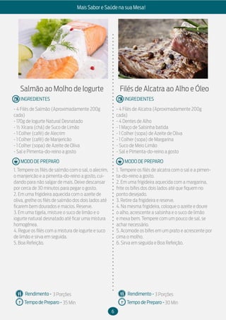 6
Mais Sabor e Saúde na sua Mesa!
MODO DE PREPARO
INGREDIENTES
MODO DE PREPARO
INGREDIENTES
Rendimento -
Tempo de Preparo -
Rendimento -
Tempo de Preparo -
Salmão ao Molho de Iogurte
- 4 Filés de Salmão (Aproximadamente 200g
cada)
- 170g de Iogurte Natural Desnatado
- ½ Xícara (chá) de Suco de Limão
- 1 Colher (café) de Alecrim
- 1 Colher (café) de Manjericão
- 1 Colher (sopa) de Azeite de Oliva
- Sal e Pimenta-do-reino a gosto
1. Tempere os filés de salmão com o sal, o alecrim,
o manjericão e a pimenta-do-reino a gosto, cui-
dando para não salgar de mais. Deixe descansar
por cerca de 30 minutos para pegar o gosto.
2. Em uma frigideira aquecida com o azeite de
oliva, grelhe os filés de salmão dos dois lados até
ficarem bem dourados e macios. Reserve.
3. Em uma tigela, misture o suco de limão e o
iogurte natural desnatado até ficar uma mistura
homogênea.
4. Regue os filés com a mistura de iogurte e suco
de limão e sirva em seguida.
5. Boa Refeição.
Filés de Alcatra ao Alho e Óleo
- 4 Filés de Alcatra (Aproximadamente 200g
cada)
- 4 Dentes de Alho
- 1 Maço de Salsinha batida
- 1 Colher (sopa) de Azeite de Oliva
- 1 Colher (sopa) de Margarina
- Suco de Meio Limão
- Sal e Pimenta-do-reino a gosto
1. Tempere os filés de alcatra com o sal e a pimen-
ta-do-reino a gosto.
2. Em uma frigideira aquecida com a margarina,
frite os bifes dos dois lados até que fiquem no
ponto desejado.
3. Retire da frigideira e reserve.
4. Na mesma frigideira, coloque o azeite e doure
o alho, acrescente a salsinha e o suco de limão
e mexa bem. Tempere com um pouco de sal, se
achar necessário.
5. Acomode os bifes em um prato e acrescente por
cima o molho.
6. Sirva em seguida e Boa Refeição.
3 Porções
35 Min
3 Porções
30 Min
 