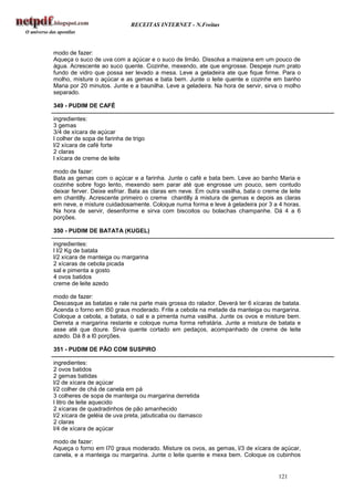 RECEITAS INTERNET - N.Freitas



modo de fazer:
Aqueça o suco de uva com a açúcar e o suco de limão. Dissolva a maizena em um pouco de
água. Acrescente ao suco quente. Cozinhe, mexendo, ate que engrosse. Despeje num prato
fundo de vidro que possa ser levado a mesa. Leve a geladeira ate que fique firme. Para o
molho, misture o açúcar e as gemas e bata bem. Junte o leite quente e cozinhe em banho
Maria por 20 minutos. Junte e a baunilha. Leve a geladeira. Na hora de servir, sirva o molho
separado.

349 - PUDIM DE CAFÉ

ingredientes:
3 gemas
3/4 de xícara de açúcar
l colher de sopa de farinha de trigo
l/2 xícara de café forte
2 claras
l xícara de creme de leite

modo de fazer:
Bata as gemas com o açúcar e a farinha. Junte o café e bata bem. Leve ao banho Maria e
cozinhe sobre fogo lento, mexendo sem parar até que engrosse um pouco, sem contudo
deixar ferver. Deixe esfriar. Bata as claras em neve. Em outra vasilha, bata o creme de leite
em chantilly. Acrescente primeiro o creme chantilly à mistura de gemas e depois as claras
em neve, e misture cuidadosamente. Coloque numa forma e leve à geladeira por 3 a 4 horas.
Na hora de servir, desenforme e sirva com biscoitos ou bolachas champanhe. Dá 4 a 6
porções.

350 - PUDIM DE BATATA (KUGEL)

ingredientes:
l l/2 Kg de batata
l/2 xícara de manteiga ou margarina
2 xícaras de cebola picada
sal e pimenta a gosto
4 ovos batidos
creme de leite azedo

modo de fazer:
Descasque as batatas e rale na parte mais grossa do ralador. Deverá ter 6 xícaras de batata.
Acenda o forno em l50 graus moderado. Frite a cebola na metade da manteiga ou margarina.
Coloque a cebola, a batata, o sal e a pimenta numa vasilha. Junte os ovos e misture bem.
Derreta a margarina restante e coloque numa forma refratária. Junte a mistura de batata e
asse até que doure. Sirva quente cortado em pedaços, acompanhado de creme de leite
azedo. Dá 8 a l0 porções.

351 - PUDIM DE PÃO COM SUSPIRO

ingredientes:
2 ovos batidos
2 gemas batidas
l/2 de xícara de açúcar
l/2 colher de chá de canela em pá
3 colheres de sopa de manteiga ou margarina derretida
l litro de leite aquecido
2 xícaras de quadradinhos de pão amanhecido
l/2 xícara de geléia de uva preta, jabuticaba ou damasco
2 claras
l/4 de xícara de açúcar

modo de fazer:
Aqueça o forno em l70 graus moderado. Misture os ovos, as gemas, l/3 de xícara de açúcar,
canela, e a manteiga ou margarina. Junte o leite quente e mexa bem. Coloque os cubinhos


                                                                                    121
 