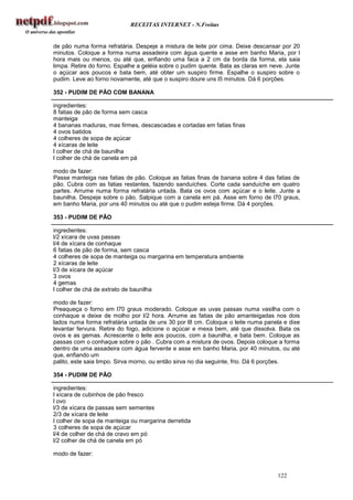 RECEITAS INTERNET - N.Freitas


de pão numa forma refratária. Despeje a mistura de leite por cima. Deixe descansar por 20
minutos. Coloque a forma numa assadeira com água quente e asse em banho Maria, por l
hora mais ou menos, ou até que, enfiando uma faca a 2 cm da borda da forma, ela saia
limpa. Retire do forno. Espalhe a geléia sobre o pudim quente. Bata as claras em neve. Junte
o açúcar aos poucos e bata bem, até obter um suspiro firme. Espalhe o suspiro sobre o
pudim. Leve ao forno novamente, até que o suspiro doure uns l5 minutos. Dá 6 porções.

352 - PUDIM DE PÃO COM BANANA

ingredientes:
8 fatias de pão de forma sem casca
manteiga
4 bananas maduras, mas firmes, descascadas e cortadas em fatias finas
4 ovos batidos
4 colheres de sopa de açúcar
4 xícaras de leite
l colher de chá de baunilha
l colher de chá de canela em pá

modo de fazer:
Passe manteiga nas fatias de pão. Coloque as fatias finas de banana sobre 4 das fatias de
pão. Cubra com as fatias restantes, fazendo sanduíches. Corte cada sanduíche em quatro
partes. Arrume numa forma refratária untada. Bata os ovos com açúcar e o leite. Junte a
baunilha. Despeje sobre o pão. Salpique com a canela em pá. Asse em forno de l70 graus,
em banho Maria, por uns 40 minutos ou até que o pudim esteja firme. Dá 4 porções.

353 - PUDIM DE PÃO

ingredientes:
l/2 xícara de uvas passas
l/4 de xícara de conhaque
6 fatias de pão de forma, sem casca
4 colheres de sopa de manteiga ou margarina em temperatura ambiente
2 xícaras de leite
l/3 de xícara de açúcar
3 ovos
4 gemas
l colher de chá de extrato de baunilha

modo de fazer:
Preaqueça o forno em l70 graus moderado. Coloque as uvas passas numa vasilha com o
conhaque e deixe de molho por l/2 hora. Arrume as fatias de pão amanteigadas nos dois
lados numa forma refratária untada de uns 30 por l8 cm. Coloque o leite numa panela e dixe
levantar fervura. Retire do fogo, adicione o açúcar e mexa bem, até que dissolva. Bata os
ovos e as gemas. Acrescente o leite aos poucos, com a baunilha, e bata bem. Coloque as
passas com o conhaque sobre o pão . Cubra com a mistura de ovos. Depois coloque a forma
dentro de uma assadeira com água fervente e asse em banho Maria, por 40 minutos, ou até
que, enfiando um
palito, este saia limpo. Sirva morno, ou então sirva no dia seguinte, frio. Dá 6 porções.

354 - PUDIM DE PÃO

ingredientes:
l xícara de cubinhos de pão fresco
l ovo
l/3 de xícara de passas sem sementes
2/3 de xícara de leite
l colher de sopa de manteiga ou margarina derretida
3 colheres de sopa de açúcar
l/4 de colher de chá de cravo em pó
l/2 colher de chá de canela em pó

modo de fazer:


                                                                                   122
 