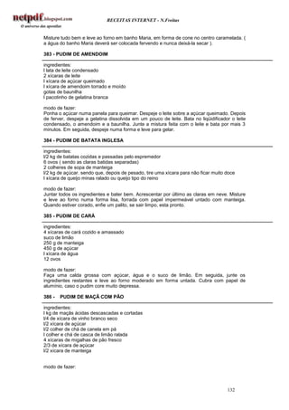 RECEITAS INTERNET - N.Freitas


Misture tudo bem e leve ao forno em banho Maria, em forma de cone no centro caramelada. (
a água do banho Maria deverá ser colocada fervendo e nunca deixá-la secar ).

383 - PUDIM DE AMENDOIM

ingredientes:
l lata de leite condensado
2 xícaras de leite
l xícara de açúcar queimado
l xícara de amendoim torrado e moído
gotas de baunilha
l pacotinho de gelatina branca

modo de fazer:
Ponha o açúcar numa panela para queimar. Despeje o leite sobre a açúcar queimado. Depois
de ferver, despeje a gelatina dissolvida em um pouco de leite. Bata no liqüidificador o leite
condensado, o amendoim e a baunilha. Junte a mistura feita com o leite e bata por mais 3
minutos. Em seguida, despeje numa forma e leve para gelar.

384 - PUDIM DE BATATA INGLESA

ingredientes:
l/2 kg de batatas cozidas e passadas pelo espremedor
6 ovos ( sendo as claras batidas separadas)
2 colheres de sopa de manteiga
l/2 kg de açúcar. sendo que, depois de pesado, tire uma xícara para não ficar muito doce
l xícara de queijo minas ralado ou queijo tipo do reino

modo de fazer:
Juntar todos os ingredientes e bater bem. Acrescentar por último as claras em neve. Misture
e leve ao forno numa forma lisa, forrada com papel impermeável untado com manteiga.
Quando estiver corado, enfie um palito, se sair limpo, esta pronto.

385 - PUDIM DE CARÁ

ingredientes:
4 xícaras de cará cozido e amassado
suco de limão
250 g de manteiga
450 g de açúcar
l xícara de água
12 ovos

modo de fazer:
Faça uma calda grossa com açúcar, água e o suco de limão. Em seguida, junte os
ingredientes restantes e leve ao forno moderado em forma untada. Cubra com papel de
alumínio, caso o pudim core muito depressa.

386 -   PUDIM DE MAÇÃ COM PÃO

ingredientes:
l kg de maçãs ácidas descascadas e cortadas
l/4 de xícara de vinho branco seco
l/2 xícara de açúcar
l/2 colher de chá de canela em pá
l colher e chá de casca de limão ralada
4 xícaras de migalhas de pão fresco
2/3 de xícara de açúcar
l/2 xícara de manteiga


modo de fazer:



                                                                                    132
 