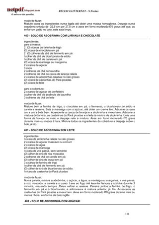 RECEITAS INTERNET - N.Freitas


modo de fazer:
Misture todos os ingredientes numa tigela até obter uma massa homogênea. Despeje numa
assadeira untada de 22,5 cm por 27,5 cm e asse em forno moderado l70 graus até que, ao
enfiar um palito no bolo, este saia limpo.

400 - BOLO DE ABOBRINHA COM LARANJA E CHOCOLATE

ingredientes:
para a massa:
2 l/2 xícaras de farinha de trigo
l/2 xícara de chocolate em pá
2 l/2 colheres de chá de fermento em pá
l colher de chá de bicarbonato de sódio
l colher de chá de canela em pá
l/2 xícara de manteiga ou margarina
2 xícaras de açúcar
3 ovos
2 colheres de chá de baunilha
2 colheres de chá de casca de laranja ralada
2 xícaras de abobrinhas raladas no ralo grosso
l/2 xícara de castanhas do Pará picadas
l/2 xícara de leite

para a cobertura:
2 xícaras de açúcar de confeiteiro
l colher de chá de essência de baunilha
3 colheres de chá de leite

modo de fazer:
Misture bem a farinha de trigo, o chocolate em pá, o fermento, o bicarbonato de sódio e
canela e reserve. Bata a manteiga com o açúcar, até obter um creme liso. Adicione os ovos
um a um e bata bem. Acrescente a casca de laranja e a abobrinha e mexa bem. Adicione a
mistura de farinha, as castanhas do Pará picadas e o leite à mistura de abobrinha. Unte uma
forma de buraco no meio e despeje nela a mistura. Asse em forno moderado l70 graus
durante mais ou menos l hora. Misture todos os ingredientes da cobertura e despeje sobre o
bolo já frio.

401 - BOLO DE ABOBRINHA SEM LEITE

ingredientes:
l xícara de abobrinha ralada no ralo grosso
2 xícaras de açúcar mascavo ou comum
2 xícaras de água
l/2 xícara de manteiga
l xícara de uva passa, sem semente
l/2 colher de chá de noz moscada
2 colheres de chá de canela em pá
l/2 colher de chá de cravo em pá
3 xícaras de farinha de trigo
l colher de chá de fermento em pá
l/2 colher de chá de bicarbonato de sódio
l xícara de castanha do Pará picadas

modo de fazer:
Numa panela, misture a abobrinha, o açúcar, a água, a manteiga ou margarina, a uva passa,
a noz moscada, a canela e o cravo. Leve ao fogo até levantar fervura e cozinhe durante 3
minutos, mexendo sempre. Deixe esfriar e reserve. Peneire juntos a farinha de trigo, o
fermento em pá e o bicarbonato, e adicione-os à mistura anterior, já fria. Acrescente as
castanhas do Pará picadas e mexa bem. Asse em forno moderado l70 graus durante mais ou
menos l hora, em forma de bolo inglês.

402 - BOLO DE ABOBRINHA COM ABACAXI



                                                                                  138
 