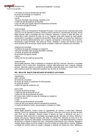 RECEITAS INTERNET - N.Freitas


l l/4 colher de chá de bicarbonato de sódio
l/2 xícara de manteiga ou margarina
l l/4 xícara de açúcar
2 ovos
120 g de chocolate meio amargo, derretido e frio
l colher de chá de essência de baunilha
l copo de 200 g de iogurte natural à temperatura ambiente
l/3 de xícara de água fervente

modo de fazer:
Aqueça o forno em temperatura moderada l70 graus. Unte duas formas redondas para torta
com 22,5 cm de diâmetro e reserve. Peneire juntos a farinha e o bicarbonato de sódio. Numa
tigela grande, bata a manteiga até ficar cremosa. Adicione o açúcar e bata até obter um
creme leve e fofo. Adicione os ovos um a um, batendo muito bem depois de cada adição.
Acrescente o chocolate e a essência de baunilha. Mexa até obter um creme liso. Adicione a
mistura de farinha alternadamente com o iogurte, começando e terminando com a farinha.
Acrescente a água fervente, sem parar de mexer. Despeje a massa nas formas e leve ao
forno durante 25 a 30 minutos. Deixe esfriar e recheie. Cubra com cobertura de chocolate.

cobertura de chocolate:
5 colheres de sopa de manteiga ou margarina
120 g de chocolate meio amargo derretido e esfriado
3 xícaras de açúcar de confeiteiro
l/4 de xícara de iogurte natural
l gema
l colher de chá de essência de baunilha

modo de fazer:
Numa tigela pequena, bata a manteiga ou margarina até ficar cremosa. Adicione o chocolate
derretido e frio e mexa bem .Acrescente o açúcar alternadamente com o iogurte, batendo
sempre. Adicione a gema e a essência de baunilha e bata até obter uma mistura leve e fofa.
Esta cobertura pode ser usada para qualquer tipo de bolo de chocolate.

405 - BOLO DE MAÇÃ COM RECHEIO DE NOZES E UVA PASSA

ingredientes:
para o recheio
l/2 xícara de uva passa
l/2 xícara de nozes ou castanhas do Pará picadas
l/2 xícara de açúcar
l colher de sopa de canela em pá

para o bolo
2 xícaras de farinha de trigo
l colher de chá de fermento em pá
l colher de chá de bicarbonato de sódio
l/2 xícara mais l colher de sopa de manteiga ou margarina
l xícara de açúcar
2 ovos
l colher de chá de essência de baunilha
l copa de 200 g de iogurte natural à temperatura ambiente
2 maçãs de tamanho médio, descascadas e cortadas em fatias

modo de fazer:
Numa tigela pequena, misture todos os ingredientes do recheio e mexa bem. Reserve.
Aqueça o forno em temperatura moderada l70 graus. Unte bem uma forma de torta de abrir
com 22,5 cm de diâmetro. Peneire juntos a farinha de trigo, o fermento em pá e o
bicarbonato. Bata muito bem a manteiga numa tigela grande, até obter um creme. Adicione o
açúcar aos poucos, batendo sempre, até obter um creme fofo. Adicione os ovos um a um,
batendo bem depois de cada adição. Acrescente a baunilha. Junte alternadamente a mistura
de farinha e o iogurte à mistura de ovos, começando e terminando com a farinha. Despeje a
metade dessa massa na forma untada e arrume as fatias de maçã sobre a mesma. Salpique
a metade do recheio sobre as maçãs e despeje o restante da massa por cima. Salpique o


                                                                                 140
 