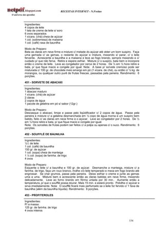 RECEITAS INTERNET - N.Freitas



Ingredientes:
4 copos de leite
1 lata de creme de leite s/ soro
6 ovos separados
1 xícara. (chá) cheia de açúcar
1 col. (sobremesa) de maisena
1 col. (café) rasa de baunilha

Modo de Preparo:
Bata as claras em neve firme e misture c/ metade do açúcar até obter um bom suspiro. Faça
uma gemada c/ as gemas, o restante do açúcar e misture, mexendo s/ parar, c/ o leite
fervente. Acrescente a baunilha e a maisena e leve ao fogo brando, sempre mexendo e c/
cuidado p/ que não ferva. Retire e espere esfriar. Misture c/ o suspiro, bata bem e incorpore
então o creme de leite. Leve ao congelador por cerca de 2 horas. De ½ em ½ hora retire e
bata, p/ que fique macio e congele por igual. Nota: A base p/ sorvete cremoso pode ser
misturada c/ 100 gr. de chocolate meio amargo em pó (1 xícara. de chá), ou então c/ ½ kg. de
morangos, ou qualquer outro purê de frutas frescas, passadas pela peneira. Rendimento: 6
porções.

451 - SORVETE DE ABACAXI

Ingredientes:
1 abacaxi maduro
1 xícara. (chá) de açúcar
2 claras
2 copos de água
1 pacote de gelatina em pó s/ sabor (12gr.)

Modo de Preparo:
Descasque o abacaxi, limpe e passe pelo liqüidificador c/ 2 copos de água. Passe pela
peneira e misture c/ a gelatina desmanchada em ½ copo de água morna e um suspiro bem
batido, feito c/ as claras em neve firme e o açúcar. Leve ao congelador por 2 horas. De ½
em ½ hora retire e bata, p/ que fique macio e congele por igual.
Nota: Os sorvetes de frutas podem ser feitos c/ a polpa ou apenas c/ o suco. Rendimento: 6
porções.

452 - SOUFFLÉ DE BAUNILHA

Ingredientes:
½ l. de leite
1 col. (café) de baunilha
150 gr. de açúcar
1 col. (sopa) cheia de manteiga
1 ½ col. (sopa) de farinha. de trigo
4 ovos

Modo de Preparo:
Esquente o leite c/ a baunilha e 100 gr. de açúcar. Desmanche a manteiga, misture c/ a
farinha. de trigo, faça um roux branco, molhe c/o leite temperado e mexa em fogo brando até
engrossar. Se criar grumos, passe pela peneira. Deixe esfriar o creme e junte as gemas
uma a uma. Misture bem e acrescente então as claras batidas em neve firme, mexendo
delicadamente. Leve ao forno brando em fôrma untada por 30 min.. Aumente então a
temperatura, p/ que o soufflé possa dourar. Mais 15 min. e estará pronto. Polvilhe c/ açúcar e
sirva imediatamente. Nota: O soufflé ficará mais perfumado se o leite for fervido c/ 1 fava de
baunilha (além da baunilha líquida). Rendimento: 6 porções.

453 - PROFITEROLES

Ingredientes:
P/ a massa:
125 gr. de farinha. de trigo
4 ovos inteiros


                                                                                     154
 