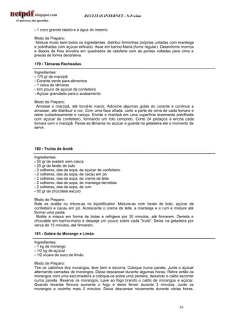 RECEITAS INTERNET - N.Freitas


- 1 coco grande ralado e a água do mesmo

Modo de Preparo:
 Misture muito bem todos os ingredientes, distribui forminhas próprias untadas com manteiga
e polvilhadas com açúcar refinado. Asse em banho Maria (forno regular). Desenforne mornos
e depois de frios envolva em quadrados de celofane com as pontas voltadas para cima e
presas de forma decorativa.

179 - Tâmaras Recheadas

Ingredientes:
- 175 gr de marzipã
- Corante verde para alimentos
- 1 caixa de tâmaras
- Um pouco de açúcar de confeiteiro
- Açúcar granulado para o acabamento

Modo de Preparo:
 Amasse o marzipã, até torná-lo macio. Adicione algumas gotas do corante e continue a
amassar, até distribuir a cor. Com uma faca afiada, corte a parte de cima de cada tomara e
retire cuidadosamente o caroço. Enrole o marzipã em uma superfície levemente polvilhada
com açúcar de confeiteiro, formando um rolo comprido. Corte 24 pedaços e encha cada
tomara com o marzipã. Passe as tâmaras no açúcar e guarde na geladeira até o momento de
servir.




180 - Trufas de Avelã

Ingredientes:
- 50 gr de avelam sem casca
- 25 gr de farelo de bolo
- 3 colheres, das de sopa, de açúcar de confeiteiro
- 2 colheres, das de sopa, de cacau em pó
- 2 colheres, das de sopa, de creme de leite
- 2 colheres, das de sopa, de manteiga derretida
- 2 colheres, das de sopa, de rum
- 50 gr de chocolate escuro

Modo de Preparo:
Rale as avelãs ou triture-as no liqüidificador. Misture-as com farelo de bolo, açúcar de
confeiteiro e cacau em pó. Acrescente o creme de leite, a manteiga e o rum e misture até
formar uma pasta.
 Molde a massa em forma de bolas e refrigere por 30 minutos, até firmarem. Derreta o
chocolate em banho-maria e despeje um pouco sobre cada "trufa". Deixe na geladeira por
cerca de 15 minutos, até firmarem.

181 - Geleia de Morango e Limão

Ingredientes:
- 1 kg de morango
- 1/2 kg de açúcar
- 1/2 xícara de suco de limão

Modo de Preparo:
Tire os cabinhos dos morangos, lave bem e escorra. Coloque numa panela. Junte o açúcar
alternando camadas de morangos. Deixe descansar durante algumas horas. Retire então os
morangos com uma escumadeira e coloque-os sobre uma peneira, deixando o caldo escorrer
numa panela. Reserve os morangos. Lave ao fogo brando o caldo de morangos e açúcar.
Quando levantar fervura aumente o fogo e deixe ferver durante 3 minutos. Junte os
morangos e cozinhe mais 2 minutos. Deixe descansar novamente durante várias horas.



                                                                                  56
 