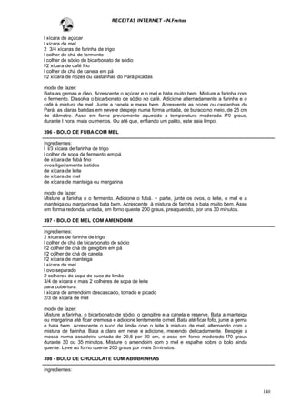 RECEITAS INTERNET - N.Freitas


l xícara de açúcar
l xícara de mel
2 3/4 xícaras de farinha de trigo
l colher de chá de fermento
l colher de sódio de bicarbonato de sódio
l/2 xícara de café frio
l colher de chá de canela em pá
l/2 xícara de nozes ou castanhas do Pará picadas

modo de fazer:
Bata as gemas e óleo. Acrescente o açúcar e o mel e bata muito bem. Misture a farinha com
o fermento. Dissolva o bicarbonato de sódio no café. Adicione alternadamente a farinha e o
café à mistura de mel. Junte a canela e mexa bem. Acrescente as nozes ou castanhas do
Pará, as claras batidas em neve e despeje numa forma untada, de buraco no meio, de 25 cm
de diâmetro. Asse em forno previamente aquecido a temperatura moderada l70 graus,
durante l hora, mais ou menos. Ou até que, enfiando um palito, este saia limpo.

396 - BOLO DE FUBA COM MEL

ingredientes:
l l/3 xícara de farinha de trigo
l colher de sopa de fermento em pá
de xícara de fubá fino
ovos ligeiramente batidos
de xícara de leite
de xícara de mel
de xícara de manteiga ou margarina

modo de fazer:
Misture a farinha e o fermento. Adicione o fubá. + parte, junte os ovos, o leite, o mel e a
manteiga ou margarina e bata bem. Acrescente à mistura de farinha e bata muito bem. Asse
em forma redonda, untada, em forno quente 200 graus, preaquecido, por uns 30 minutos.

397 - BOLO DE MEL COM AMENDOIM

ingredientes:
2 xícaras de farinha de trigo
l colher de chá de bicarbonato de sódio
l/2 colher de chá de gengibre em pá
l/2 colher de chá de canela
l/2 xícara de manteiga
l xícara de mel
l ovo separado
2 colheres de sopa de suco de limão
3/4 de xícara e mais 2 colheres de sopa de leite
para cobertura:
l xícara de amendoim descascado, torrado e picado
2/3 de xícara de mel

modo de fazer:
Misture a farinha, o bicarbonato de sódio, o gengibre e a canela e reserve. Bata a manteiga
ou margarina até ficar cremosa e adicione lentamente o mel. Bata até ficar fofo, junte a gema
e bata bem. Acrescente o suco de limão com o leite à mistura de mel, alternando com a
mistura de farinha. Bata a clara em neve e adicione, mexendo delicadamente. Despeje a
massa numa assadeira untada de 29,5 por 20 cm, e asse em forno moderado l70 graus
durante 30 ou 35 minutos. Misture o amendoim com o mel e espalhe sobre o bolo ainda
quente. Leve ao forno quente 200 graus por mais 5 minutos.

398 - BOLO DE CHOCOLATE COM ABOBRINHAS

ingredientes:



                                                                                                140
 