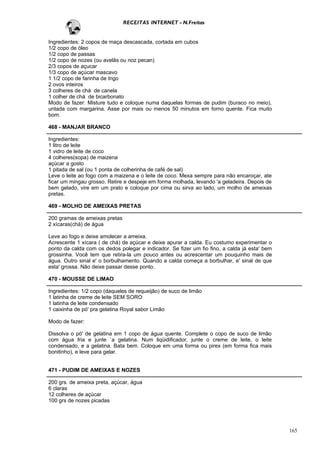 RECEITAS INTERNET - N.Freitas


Ingredientes: 2 copos de maça descascada, cortada em cubos
1/2 copo de óleo
1/2 copo de passas
1/2 copo de nozes (ou avelãs ou noz pecan)
2/3 copos de açucar
1/3 copo de açúcar mascavo
1 1/2 copo de farinha de trigo
2 ovos inteiros
3 colheres de chá de canela
1 colher de chá de bicarbonato
Modo de fazer: Misture tudo e coloque numa daquelas formas de pudim (buraco no meio),
untada com margarina. Asse por mais ou menos 50 minutos em forno quente. Fica muito
bom.

468 - MANJAR BRANCO

Ingredientes:
1 litro de leite
1 vidro de leite de coco
4 colheres(sopa) de maizena
açúcar a gosto
1 pitada de sal (ou 1 ponta de colherinha de café de sal)
Leve o leite ao fogo com a maizena e o leite de coco. Mexa sempre para não encaroçar, ate
ficar um mingau grosso. Retire e despeje em forma molhada, levando 'a geladeira. Depois de
bem gelado, vire em um prato e coloque por cima ou sirva ao lado, um molho de ameixas
pretas.

469 - MOLHO DE AMEIXAS PRETAS

200 gramas de ameixas pretas
2 xícaras(chá) de água

Leve ao fogo e deixe amolecer a ameixa.
Acrescente 1 xícara ( de chá) de açúcar e deixe apurar a calda. Eu costumo experimentar o
ponto da calda com os dedos polegar e indicador. Se fizer um fio fino, a calda já esta' bem
grossinha. Você tem que retira-la um pouco antes ou acrescentar um pouquinho mais de
água. Outro sinal e' o borbulhamento. Quando a calda começa a borbulhar, e' sinal de que
esta' grossa. Não deixe passar desse ponto.

470 - MOUSSE DE LIMAO

Ingredientes: 1/2 copo (daqueles de requeijão) de suco de limão
1 latinha de creme de leite SEM SORO
1 latinha de leite condensado
1 caixinha de pó' pra gelatina Royal sabor Limão

Modo de fazer:

Dissolva o pó' de gelatina em 1 copo de água quente. Complete o copo de suco de limão
com água fria e junte `a gelatina. Num liqüidificador, junte o creme de leite, o leite
condensado, e a gelatina. Bata bem. Coloque em uma forma ou pirex (em forma fica mais
bonitinho), e leve para gelar.


471 - PUDIM DE AMEIXAS E NOZES

200 grs. de ameixa preta, açúcar, água
6 claras
12 colheres de açúcar
100 grs de nozes picadas




                                                                                              165
 