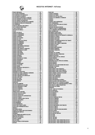 RECEITAS INTERNET - N.Freitas


FÍGADO EMPANADO                              637       KARE RICE                                     867
FILÉ AO MOLHO MADEIRA                       1040       LAGARTO DOURADO                               864
FILÉ COM MOLHO DE MARACUJA                   259       LAGOSTA AO FORNO                              888
FILE DE BADEJO AU BASILIC                   1047       LAGOSTA AO LEITE DE CÔCO                     1031
FILÉ DE BÚFALO RECHEADO C/ ABACAXI           249       LAGOSTA OU CAMARÃO A TERMIDOR                 119
FILÉ DE CORDEIRO AO VINHO DO PORTO          1099       LASANHA                                       655
FILÉ DE FRANGO AO REQUEIJÃO                  215       LASANHA                                       320
FILÉ DE PESCADA COM MOLHO DE CAMARÃO         903       LASANHA COM ALMÔNDEGAS                        656
FILÉ MIGNON AO MOLHO DE REQUEIJÃO           1117       LEITE CONDENSADO                              657
FILÉ SURPRESA                                214       LENTILHA COM COSTELINHA DE PORCO              958
FILÉS DE LINGUADO COM TOMATE                1014       LÍNGUA-DE-GATO                                658
FILET AO MOLHO MOSTARDA                     1109       LINGUADO DOS MEUS SONHOS                     1024
FLAN DE CHOCOLATE                            638       LOMBO DE PORCO À DINAMARQUESA                 947
FOCACCIA DE CEBOLA                           312       LULA E CAMARÃO COM MOLHO ROSÊ                 880
FOLAR                                       1056       MAÇA CARAMELADA                               267
FONDUE DE QUEIJO                             116       MACARRÃO (CONFECÇÃO)                          319
FRANGO A PASSARINHO                          964       MACARRÃO (MASSA BASICA)                       318
FRANGO A PASSARINHO                          117       MACARRÃO AO MOLHO DE PRESUNTO E BERINJELA     992
FRANGO AGRIDOCE                              950       MACARRÃO AO UÍSQUE                            982
FRANGO AO CATUPIRY                           436       MACARRÃO CHOP SUEY                            985
FRANGO AO LEITE                              963       MACARRÃO CHOP-SUEI                            868
FRANGO AO MOLHO DE ERVAS                    1038       MACARRÃO C ALMÔNDEGAS MOLHO DE TOMATE        1110
FRANGO AO PARMESÃO                           936       MACARRÃO COM CAMARÃO                          906
FRANGO AO PARMESÃO                          1017       MACARRÃO COM LOMBO E AMENDOIM                 984
FRANGO CANADENSE                            1075       MACARRÃO DO PAPA                              254
FRANGO COM ABOBORA MORANGO                   293       MACARRÃO KNOR                                 659
FRANGO COM BOLOTAS                           639       MACARRÃO MEDITERRÂNEO                         983
FRANGO COM LARANJA E PIMENTÃO                956       MACARRÃO PREMIADO                             885
FRANGO COM MAÇÃ AO CURRY                    1016       MACARRÃO PRIMAVERA                            981
FRANGO COM PEQUI                             248       MADALENA                                      414
FRANGO COM QUIABO                            258       MAIONESE DE LEGUMES                           660
FRANGO COM YOGURTE                           284       MAIONESE NATURAL DESNATADA                    461
FRANGO CREMOSO                               640       MAMINHA RECHEADA                              946
FRANGO DA RAINHA                             292       MANAUÊ COM GLACÊ DE LARANJA                   661
FRANGO DESFIADO AO FORNO                     937       MANAUÊ MINEIRO                                662
FRANGO DESOSSADO                             287       MANDIOCA AO FORNO                             663
FRANGO DOURADO                               962       MANEZINHO PELADO (TÍPICO DE GOIÂNIA)          855
FRANGO INDIANO                               211       MANJAR BRANCO                                 168
FRANGO INDONESIANO                           911       MANJAR BRANCO                                 468
FRANGO LUA DE MEL                            220       MANJAR DE COCO COM GOIABA EM CALDA            897
FRANGO NOBRE                                 863       MARRONS DE BANANA                             169
FRANGO RECHEADO COM QUEIJO E ....            250       MARSHMALLOW                                   426
FRANGO TROPICAL                              298       MASSA BÁSICA PARA PANQUECA                    664
FRANGO ZÁSTRÁS                               447       MASSA BÁSICA PARA TORTA ABERTA                665
FRIGIDEIRA DE BACALHAU                       97        MASSA BÁSICA PARA TORTA FECHADA               666
FRIGIDEIRA DE PEIXE, CAMARÃO E ABÓBORA      1036       MASSA CASEIRA AO MOLHO ITALIANO              1111
GALINHA COM CREME DE MILHO                   641       MASSA DE KIWI C/ MOLHO                        279
GALINHA COM MOLHO DE MARACUJA                285       MASSA PARA CANUDINHO                          667
GALINHA COM PEQUI                            497       MASSA PARA EMPANADA                           668
GALINHA DE CHINA                             490       MASSA PIZZA MOLE                              317
GALINHA MEXICANA                            1012       MASSA PROFISSIONAL DE RISOLI                 1086
GALINHA MINEIRA                              959       MASSA SALGADA COM ÁGUA QUENTE                 669
GASPACHO                                     309       MEDAGLINE DE FILET C/ ERVAS DO JARDIM        1000
GELADO DE BOMBONS                            167       MÉDAILLONS DE FILÉ COM MASCARPONE E PINOLI   1083
GELEIA DE MARACUJA EM 4 MIM                  288       MEDALHÃO DE LOMBO REQUINTADO                 1045
GELEIA DE MORANGO E LIMÃO                    181       MEDALHÕES AO CREME                            120
GELEIA DE PÊSSEGO                            182       MERENGUE                                      170
GELEIA DE PIMENTÃO                           302       MOLHO - LOW FAT PUTANESCA                    1009
GELEIA DE UVA                                183       MOLHO AGRIDOCE                                871
GEMADA SANTO ANTONIO                         883       MOLHO BOLONHESA                               324
GLACÊ DE CALDO DE LIMÃO                      642       MOLHO BRANCO                                  670
GLACÊ DE CHOCOLATE                           643       MOLHO BRANCO                                  325
GLACÊ DE CHOCOLATE COM MANTEIGA              645       MOLHO BRANCO                                  462
GLACÊ DE FONDAN                              644       MOLHO DE AMEIXAS PRETAS                       469
GLACÊ DE LARANJA PARA TORTAS                 646       MOLHO DE CAMARÃO                             1027
GLACÊ DE LEITE MOÇA                          647       MOLHO DE CENOURA                              671
GLACÊ DE MINUTO                              648       MOLHO DE DAMASCO                              224
GLACÊ MÁRMORE                                649       MOLHO DE HORTELÃ                             1085
GLACÊ ORNAMENTAL                             650       MOLHO DE IOGURTE                              672
GLACÊ PARA FAZER FLORES                      651       MOLHO DE MACARRÃO COM TOMATES                1082
GLACÊ PARA ORNAMENTAR BOLO                   652       MOLHO DE TOMATE                               144
GRANOLA                                      274       MOLHO DE TOMATE                               326
GRATINADO RÁPIDO                            1078       MOLHO DE TOMATES PARA MACARRÃO                673
GUISADO DE CARNE COM FEIJÃO BRANCO           951       MOLHO DE VINHO                                674
HAMBÚRGUER SIMPLES                           653       MOLHO PARA SALADA                            1104
HARUMAKI                                     870       MOLHO QUATRO QUEIJOS                          327
HIYASHI SOMEM (MACARRÃO GELADO)              210       MOLHO ROSÊ                                    881
IMBUZADA SERTANEJA                           898       MOLHO ROSÊ                                    463
INSTALATA DI NAPOLIS                        1090       MOLHO TÁRTARO                                 675
IOGURTE CASEIRO                              654       MOLHO TÁRTARO                                 145
ISCA DE PEIXE                                218       MOLHOS ESPEC. PARA FONDUE"MOLHO NO 1"         438
ISCAS DE FÍGADO À PORTUGUESA                 118       MOLHOS ESPEC. PARA FONDUE"MOLHO NO 2"         439
KANTEM                                       865       MOLHOS ESPEC. PARA FONDUE"MOLHO NO 3"         440




                                                                                                           4
 