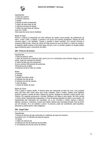 RECEITAS INTERNET - N.Freitas



Ingredientes
1 maço de coentro
2 tomates maduros
1 cebola
2 dentes de alho amassados
1 colher de sopa rasa de sal
3 colheres de sopa de azeite
1 colher de sopa rasa de colorau
suco de 1 limão
meio quilo de carne de siri desfiada

Modo de fazer
Ponha o colorau já dissolvido em três colheres de azeite numa panela, de preferência de
barro. Junte o alho, a cebola, o tomate e um pouco de coentro picadinhos. Depois de dois
minutos jogue o siri desfiado. Tampe a panela e deixe cozinhar. Em quinze minutos a
moqueca está pronta. Antes de retirar do fogo ponha os suco de limão e o resto do coentro.
O segredo desta receita é não botar água, já que o siri e o tomate usados na receita soltam
água suficiente para o cozimento do prato.

264 - Pirarucu de Casaca

Ingredientes
1 quilo de pirarucu seco
1 quilo de farinha de mandioca tipo uarini (no rio é conhecida como farinha d'água; se não
achar, pode ser retirada da receita)
2 vidros de leite de coco pequenos
6 ovos cozidos 200 gramas de azeitonas
700 gramas de ervilhas
2 bananas da terra fritas em rodela

Molho
4 tomates
2 cebolas
1 porção de cheiro verde
2 colheres de chá de sal
2 colheres de chá de colorau
1 copo de água
1 xícara de azeite de oliva

Modo de Fazer
Frite o peixe e depois desfie. A farinha deve ser misturada ao leite de coco, com cuidado
para não ficar nem muito seca nem muito molhada. Para o molho, separe uma frigideira
grande e ponha o azeite de oliva. Depois de quente, despeje as cebolas e deixe dourar com
colorau. Em seguida acrescente o tomate. Refogue com água e sal a gosto. No final, ponha
o cheiro verde. Ingredientes preparados, é hora do grande segredo do prato a arrumação. Os
ingredientes são colocados em camadas, um a um. Primeiro o molho, depois a farinha,
depois o pirarucu, a banana, e assim por diante. Depois das camadas prontas, leve ao forno
por 20 minutos. Aí é só enfeitar e servir. O pirarucu pode ser substituído pelo bacalhau,
pescada ou peixe pedra, todos salgados.

265 - Angel Cake

Ingredientes
1 xícara de farinha de trigo misturada a 2 colheres de sopa de maizena
2 porções com 14 colheres de sopa de açúcar
12 claras
1 colher de café de sal
4 colheres de chá de essência de baunilha
4 1/2 colheres de chá de creme de tártaro




                                                                                              92
 