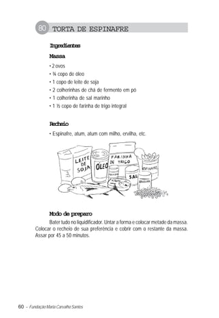 80 TORTA DE ESPINAFRE
                Igeine
                 nrdets
                Massa
                • 2 ovos
                • ¾ copo de óleo
                • 1 copo de leite de soja
                • 2 colherinhas de chá de fermento em pó
                • 1 colherinha de sal marinho
                • 1 ½ copo de farinha de trigo integral


                Recheio
                • Espinafre, atum, atum com milho, ervilha, etc.




                Modo de preparo
               Bater tudo no liquidificador. Untar a forma e colocar metade da massa.
         Colocar o recheio de sua preferência e cobrir com o restante da massa.
         Assar por 45 a 50 minutos.




60 – Fundação Maria Carvalho Santos
 