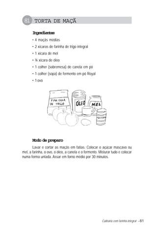 81 TORTA DE MAÇÃ
       Igeine
        nrdets
       • 4 maçãs médias
       • 2 xícaras de farinha de trigo integral
       • 1 xícara de mel
       • ¾ xícara de óleo
       • 1 colher (sobremesa) de canela em pó
       • 1 colher (sopa) de fermento em pó Royal
       • 1 ovo




       Modo de preparo
       Lavar e cortar as maçãs em fatias. Colocar o açúcar mascavo ou
mel, a farinha, o ovo, o óleo, a canela e o fermento. Misturar tudo e colocar
numa forma untada. Assar em forno médio por 30 minutos.




                                                        Culinária com farinha integral – 61
 