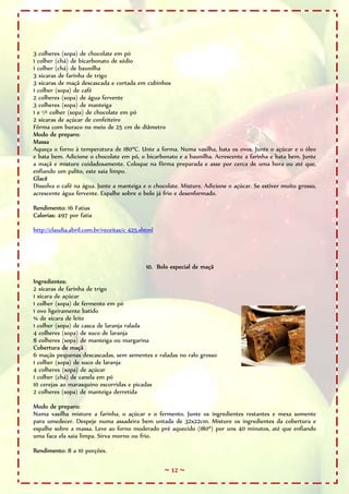 3 colheres (sopa) de chocolate em pó
1 colher (chá) de bicarbonato de sódio
1 colher (chá) de baunilha
3 xícaras de farinha de trigo
3 xícaras de maçã descascada e cortada em cubinhos
1 colher (sopa) de café
2 colheres (sopa) de água fervente
3 colheres (sopa) de manteiga
1 e ¹/² colher (sopa) de chocolate em pó
2 xícaras de açúcar de confeiteiro
Fôrma com buraco no meio de 25 cm de diâmetro
Modo de preparo:
Massa
Aqueça o forno à temperatura de 180ºC. Unte a forma. Numa vasilha, bata os ovos. Junte o açúcar e o óleo
e bata bem. Adicione o chocolate em pó, o bicarbonato e a baunilha. Acrescente a farinha e bata bem. Junte
a maçã e misture cuidadosamente. Coloque na fôrma preparada e asse por cerca de uma hora ou até que,
enfiando um palito, este saia limpo.
Glacê
Dissolva o café na água. Junte a manteiga e o chocolate. Misture. Adicione o açúcar. Se estiver muito grosso,
acrescente água fervente. Espalhe sobre o bolo já frio e desenformado.

Rendimento: 16 Fatias
Calorias: 497 por fatia

http://claudia.abril.com.br/receitas/c_425.shtml




                                             10. Bolo especial de maçã

Ingredientes:
2 xícaras de farinha de trigo
1 xícara de açúcar
1 colher (sopa) de fermento em pó
1 ovo ligeiramente batido
¾ de xícara de leite
1 colher (sopa) de casca de laranja ralada
4 colheres (sopa) de suco de laranja
8 colheres (sopa) de manteiga ou margarina
Cobertura de maçã
6 maçãs pequenas descascadas, sem sementes e raladas no ralo grosso
1 colher (sopa) de suco de laranja
4 colheres (sopa) de açúcar
1 colher (chá) de canela em pó
10 cerejas ao marasquino escorridas e picadas
2 colheres (sopa) de manteiga derretida

Modo de preparo:
Numa vasilha misture a farinha, o açúcar e o fermento. Junte os ingredientes restantes e mexa somente
para umedecer. Despeje numa assadeira bem untada de 32x22cm. Misture os ingredientes da cobertura e
espalhe sobre a massa. Leve ao forno moderado pré aquecido (180º) por uns 40 minutos, até que enfiando
uma faca ela saia limpa. Sirva morno ou frio.

Rendimento: 8 a 10 porções.

                                                   ~ 12 ~
 
