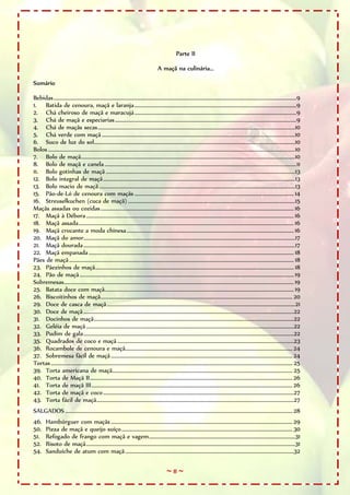 Parte II

                                                                                           A maçã na culinária...

Sumário

Bebidas..........................................................................................................................................................................................9
1. Batida de cenoura, maçã e laranja ............................................................................................................................9
2. Chá cheiroso de maçã e maracujá ............................................................................................................................9
3. Chá de maçã e especiarias...........................................................................................................................................9
4. Chá de maçãs secas.......................................................................................................................................................10
5. Chá verde com maçã ....................................................................................................................................................10
6. Suco de luz do sol..........................................................................................................................................................10
Bolos .............................................................................................................................................................................................10
7. Bolo de maçã....................................................................................................................................................................10
8. Bolo de maçã e canela ...................................................................................................................................................11
11. Bolo gotinhas de maçã .................................................................................................................................................13
12. Bolo integral de maçã...................................................................................................................................................13
13. Bolo macio de maçã ......................................................................................................................................................13
15. Pão-de-Ló de cenoura com maçãs .......................................................................................................................... 14
16. Streuselkuchen (cuca de maçã) ................................................................................................................................15
Maçãs assadas ou cozidas .................................................................................................................................................... 16
17. Maçã à Débora ............................................................................................................................................................... 16
18. Maçã assada..................................................................................................................................................................... 16
19. Maçã crocante a moda chinesa ................................................................................................................................ 16
20. Maçã do amor..................................................................................................................................................................17
21. Maçã dourada ..................................................................................................................................................................17
22. Maçã empanada ............................................................................................................................................................. 18
Pães de maçã ............................................................................................................................................................................ 18
23. Pãezinhos de maçã........................................................................................................................................................ 18
24. Pão de maçã .................................................................................................................................................................... 19
Sobremesas................................................................................................................................................................................ 19
25. Batata doce com maçã................................................................................................................................................. 19
26. Biscoitinhos de maçã................................................................................................................................................... 20
29. Doce de casca de maçã ................................................................................................................................................21
30. Doce de maçã .................................................................................................................................................................22
31. Docinhos de maçã.........................................................................................................................................................22
32. Geléia de maçã ...............................................................................................................................................................22
33. Pudim de gala.................................................................................................................................................................22
35. Quadrados de coco e maçã .......................................................................................................................................23
36. Rocambole de cenoura e maçã................................................................................................................................ 24
37. Sobremesa fácil de maçã ........................................................................................................................................... 24
Tortas ......................................................................................................................................................................................... 25
39. Torta americana de maçã.......................................................................................................................................... 25
40. Torta de Maçã II........................................................................................................................................................... 26
41. Torta de maçã III.......................................................................................................................................................... 26
42. Torta de maçã e coco ..................................................................................................................................................27
43. Torta fácil de maçã.......................................................................................................................................................27
SALGADOS .............................................................................................................................................................................. 28
46.      Hambúrguer com maçãs ........................................................................................................................................... 29
50.      Pizza de maçã e queijo suíço................................................................................................................................... 30
51.      Refogado de frango com maçã e vagem................................................................................................................31
52.      Risoto de maçã................................................................................................................................................................31
54.      Sanduíche de atum com maçã .................................................................................................................................32

                                                                                                  ~8~
 