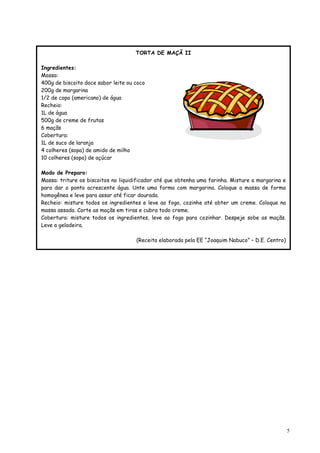 TORTA DE MAÇÃ II

Ingredientes:
Massa:
400g de biscoito doce sabor leite ou coco
200g de margarina
1/2 de copo (americano) de água
Recheio:
1L de água
500g de creme de frutas
6 maçãs
Cobertura:
1L de suco de laranja
4 colheres (sopa) de amido de milho
10 colheres (sopa) de açúcar

Modo de Preparo:
Massa: triture os biscoitos no liquidificador até que obtenha uma farinha. Misture a margarina e
para dar o ponto acrescente água. Unte uma forma com margarina. Coloque a massa de forma
homogênea e leve para assar até ficar dourada.
Recheio: misture todos os ingredientes e leve ao fogo, cozinhe até obter um creme. Coloque na
massa assada. Corte as maçãs em tiras e cubra todo creme.
Cobertura: misture todos os ingredientes, leve ao fogo para cozinhar. Despeje sobe as maçãs.
Leve a geladeira.

                                     (Receita elaborada pela EE “Joaquim Nabuco” – D.E. Centro)




                                                                                                   5
 