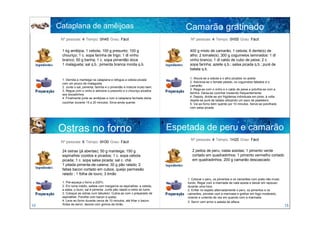 Cataplana de amêijoas                                                      Camarão gratinado
      Nº pessoas: 4 Tempo: 0H45 Grau: Fácil                                       Nº pessoas: 4 Tempo: 0H55 Grau: Fácil


      1 kg amêijoa, 1 cebola; 100 g presunto; 100 g                              400 g miolo de camarão; 1 cebola; 6 dente(s) de
      chouriço; 1 c. sopa farinha de trigo; 1 dl vinho                           alho; 2 tomate(s); 300 g cogumelos laminados: 1 dl
      branco; 50 g banha; 1 c. sopa pimentão doce                                vinho branco; 1 dl caldo de cubo de peixe; 2 c.
      1 malagueta; sal q.b.; pimenta branca moída q.b.                           sopa farinha; azeite q.b.; salsa picada q.b.; puré de
                                                                                 batata q.b.

      1. Derreta a manteiga na cataplana e refogue a cebola picada               1. Aloura-se a cebola e o alho picados no azeite.
      com um pouco de malagueta.                                                 2. Adiciona-se o tomate pelado, os cogumelos fatiados e o
      2. Junte o sal, pimenta, farinha e o pimentão e misture muito bem.         camarão.
      3. Regue com o vinho e adicione o presunto e o chouriço picados            3. Rega-se com o vinho e o caldo de peixe e polvilha-se com a
      aos bocadinhos.                                                            farinha. Deixa-se cozinhar mexendo frequentemente.
      4. Finalmente junte as amêijoas e com a cataplana fechada deixe            4. Depois, divide-se por frigideiras individuais em pirex, à volta
                                                                                 dispõe-se puré de batata utilizando um saco de pasteleiro.
      cozinhar durante 15 a 20 minutos. Sirva ainda quente.                      5. Vai ao forno bem quente por 10 minutos. Serve-se polvilhado
                                                                                 com salsa picada.




     Ostras no forno                                                        Espetada de peru e camarão
                                                                                  Nº pessoas: 4 Tempo: 1H20 Grau: Fácil
      Nº pessoas: 6 Tempo: 0H30 Grau: Fácil

      24 ostras (já abertas); 50 g manteiga; 150 g                                 2 peitos de peru; natas azedas; 1 pimento verde
      espinafres cozidos e picados; 1 c. sopa cebola                               cortado em quadradinhos; 1 pimento vermelho cortado
      picada; 1 c. sopa salsa picada; sal c. chá                                   em quadradinhos; 200 g camarão descascado
      1 pitada pimenta-de-caiena; 30 g pão ralado; 2
      fatias bacon cortado em cubos; queijo parmesão
      ralado ; 1 folha de louro; 3 limão
                                                                                1. Colocar o peru, os pimentos e os camarões num prato não muito
      1. Pré-aqueça o forno a 220ºc.                                            fundo. Regar com a marinada de nata azeda e deixar em repouso
      2. Em lume médio, salteie com margarina os espinafres, a cebola,          durante uma hora.
      a salsa, o louro, sal e pimenta. Junte pão ralado e retire do lume.       2. Enfiar no espeto alternadamente o peru, os pimentos e os
      3. Coloque as ostras num tabuleiro. Cubra-as com o preparado de           camarões, pincelar com a marinada e grelhar em fogo moderado,
      espinafres. Polvilhe com bacon e queijo.                                  virando e untando de vez em quando com a marinada.
      4. Leve ao forno durante cerca de 10 minutos, até fritar o bacon.         3. Servir com arroz e salada de alface.
10    Antes de servir, decore com gomos de limão.                                                                                                     15
 