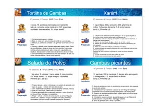 Tortilha de Gambas                                                                      Xarém
      Nº pessoas: 2 Tempo: 0H25 Grau: Fácil                                Nº pessoas: 4 Tempo: 0H50 Grau: Médio


       4 ovos; 16 azeitonas recheadas com pimento                          1 kg amêijoa; 200 g presunto; 200 g farinha de
       sal q.b.; pimenta preta moída q.b.; 120 g gambas                    milho; 1 chouriço de carne; 1 dl vinho branco
       cozidas e descascadas; 3 c. sopa azeite                             sal q.b.; Pimenta q.b.


                                                                           1. Colocam-se as amêijoas de molho em água e sal ou águas salgadas a
                                                                           fim de lhes retirar todas as areias que ainda possam ter.
       1. Corte as azeitonas em rodelas.                                   2. Entretanto, corta-se o chouriço em rodelas e o presunto em tiras finas, e
                                                                           frita-se tudo numa frigideira.
       2. Bata os ovos com sal, pimenta, pimentão e noz-moscada.
                                                                           3. Retiram-se as amêijoas da água e levam-se ao lume a cozer.
       3. Misture as azeitonas cortadas e as gambas escorridas com os      4. Retiram-se do lume e escorre-se a água da cozedura, passando-a por
       ovos.                                                               um passador.
       4. Aqueça o azeite numa frigideira adequada para o efeito. Deite    5. Retira-se o miolo das amêijoas e coloca-se num tacho.
       os ovos batidos e deixe-os cozer em lume brando. Logo que a         6. Junta-se a água da cozedura, adiciona-se o vinho e leva-se tudo ao lume
       tortilha estiver cozida de um lado, vire-a com a ajuda de uma       a ferver um pouco.
       espátula. Deixe cozer durante cerca de 2 minutos do outro lado.     Retira-se do lume e junta-se a farinha em forma de chuva, mexendo
                                                                           sempre.
       5. Sirva a tortilha acompanhada de uma boa salada e de pão. Ou
                                                                           7. Leva-se novamente ao lume para acabar de cozer.
       então, deixe arrefecer e sirva como aperitivo.                      8. Juntam-se as carnes e serve-se bem quente.




     Salada de Polvo                                                      Gambas picantes
                                                                            Nº pessoas: 2 Tempo: 0H40 Grau: Fácil
      Nº pessoas: 4 Tempo: 0H45 Grau: Médio

       1 kg polvo; 2 cebolas;1 ramo salsa; 2 ovos cozidos;                 12 gambas; 200 g manteiga; 3 dentes alho esmagado;
       4 c. sopa azeite; 1 c. sopa vinagre; 4 tomates;                     3 malaguetas; 1 c. sopa sumo de limão
       Pimenta q.b.; sal q.b.                                              sal q.b.; Pimenta q.b.


       1. Prepare e lave o polvo e introduza-o na panela de pressão com
       1 copo de água e 1 cebola sem ser descascada.                      1. Abra as gambas ao meio no sentido do comprimento, sem separar
       2. Leve a panela a lume forte e quando levantar pressão, reduza    a cauda e a cabeça.
       o lume para o mínimo. Deixe cozer 20 minutos.                      2. Tempere com sal e pimenta e aloure-as em 150 g de manteiga,
       3. Quando a pressão tiver evaporado, escorra o polvo e corte-o     juntamente com os dentes de alho esmagados e as malaguetas.
       em bocadinhos. Coloque-o na saladeira.                             3. Quando as gambas estiverem bem louras, retire do lume e regue-
       4. Pique 1 cebola e 1 ramo de salsa e junte ao polvo. Regue a      as com o sumo de limão.
       salada com o azeite e vinagre. Tempere com sal e pimenta e         4. Entretanto, coza o arroz em abudante água com sal. Depois de
       acompanhe com ovo cozido e tomate cortado em bocados.              cozido, escorra-o e junte-lhe a manteiga restante.
14                                                                        5. Sirva as gambas com o arroz e o molho.                                       11
 