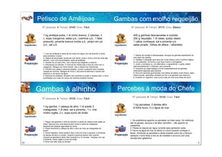 Petisco de Amêijoas                                                                Gambas com molho requeijão
      Nº pessoas: 4 Tempo: 0H45 Grau: Fácil                                                   Nº pessoas: 4 Tempo: 0H15 Grau: Básico


       1 kg amêijoa-preta; 1 dl vinho branco; 2 cebolas; 3                                      400 g gambas descascadas e cozidas
       c. sopa margarina; salsa q.b.; coentros q.b.; 1 fatia                                    250 g requeijão; 1 dl natas; queijo ralado
       presunto; pimenta branca moída q.b.; piripiri em pó                                      1 cálice conhaque; sal e pimenta q.b.
       q.b.; sal q.b.                                                                           salsa picada ; folhas de alface ; rabanetes


       1. Lave as amêijoas e deixe-as de molho em água com sal durante 2 horas,
       para perderem a areia.                                                                   1. Depois de cozidas e descascadas, enxugue as gambas espalhando-as
       2. Depois de escorridas, ponha-as num tacho, junte o vinho e leve ao lume até            num pano de cozinha.
       abrirem. Com uma escumadeira, retire as amêijoas.                                        2. Desfaça o requeijão (que deve ser muito fresco) com a varinha mágica
       3. Através de um pano fino, coe o líquido que largaram e reserve.                        ou um passador, de forma a que fique macio e homogéneo.
       4. Descasque as cebolas, e corte-as em meias-luas e leve ao lume com a                   3. Junte o conhaque ou, em alternativa, a aguardente, o queijo ralado
       margarina. Refogue em lume brando, até a cebola ficar translúcida.                       (aproximadamente 4 colheres), sal e pimenta.
       5. Polvilhe com salsa e coentros picados, e junte o presunto sem couratos                4. Incorpore as natas batidas e junte cuidadosamente as gambas,
       cortado em tirinhas. Refogue de novo e, aos poucos adicione o líquido que                reservando algumas para decorar.
       reservou e um pouco de água.                                                             5. Sirva em tacinhas guarnecidas com folhas de alface muito fresca, salsa
       6. Adicione as amêijoas, tempere com pimenta ou piripiri e aqueça bem, e sirva           fresca picada, rabanetes cortados em flor e as gambas que reservou.
       polvilhadas com mais um pouco de coentros picados frescos.                               6. Guardar no frigorífico, mas nunca mais de uma hora antes de servir.




     Gambas à alhinho                                                                    Percebes à moda do Chefe
                                                                                               Nº pessoas: 4 Tempo: 0H30 Grau: Fácil
      Nº pessoas: 4 Tempo: 0H35 Grau: Fácil

                                                                                                1 kg percebes; 3 dentes alho
       1 kg gamba; 1 cabeça de alho; 1 dl azeite 3                                              6 folha louro; 3 Lt água do mar
       malaguetas; 1 dl óleo; sal e pimenta ; 1 c. chá
       molho inglês; 2 c. sopa sumo de limão

                                                                                             1. De preferência apanhe os percebes na maré vazia. Os melhores
       1. Pegue nas gambas e corte as barbas e a parte da cabeça onde estão os
       olhos. Abra-as com uma tesoura pelo ventre e retire as carapaças,
                                                                                             são os gordos, escuros e de lábio vermelho – não apanhe os
       deixando as cabeças agarradas ao corpo.                                               castanhos.
       2. Pique finamente a cabeça de alho e abra ao meio as malaguetas de                   2. Passe-os depois por água corrente para perderem areia.
       piripiri.                                                                             3. Ferva na água do mar os alhos e o louro.Quando começar a
       3. Numa frigideira, deixe azeite e óleo e leve ao lume a aquecer e introduza          ferver, introduza os percebes e deixe levantar outra vez a fervura
       os dentes de alho e o piripiri. Quando a gordura estiver bem quente,                  (sempre o lume forte) e tire-os de imediato e sirva-os com uma
       coloque as gambas e deixe fritar durante 6 a 10 minutos. Tempere com sal
                                                                                             cerveja bem geladinha.
       e pimenta, molho inglês e sumo de limão.
       4. Sirva com pão mole ou torrado.
20                                                                                                                                                                          5
 